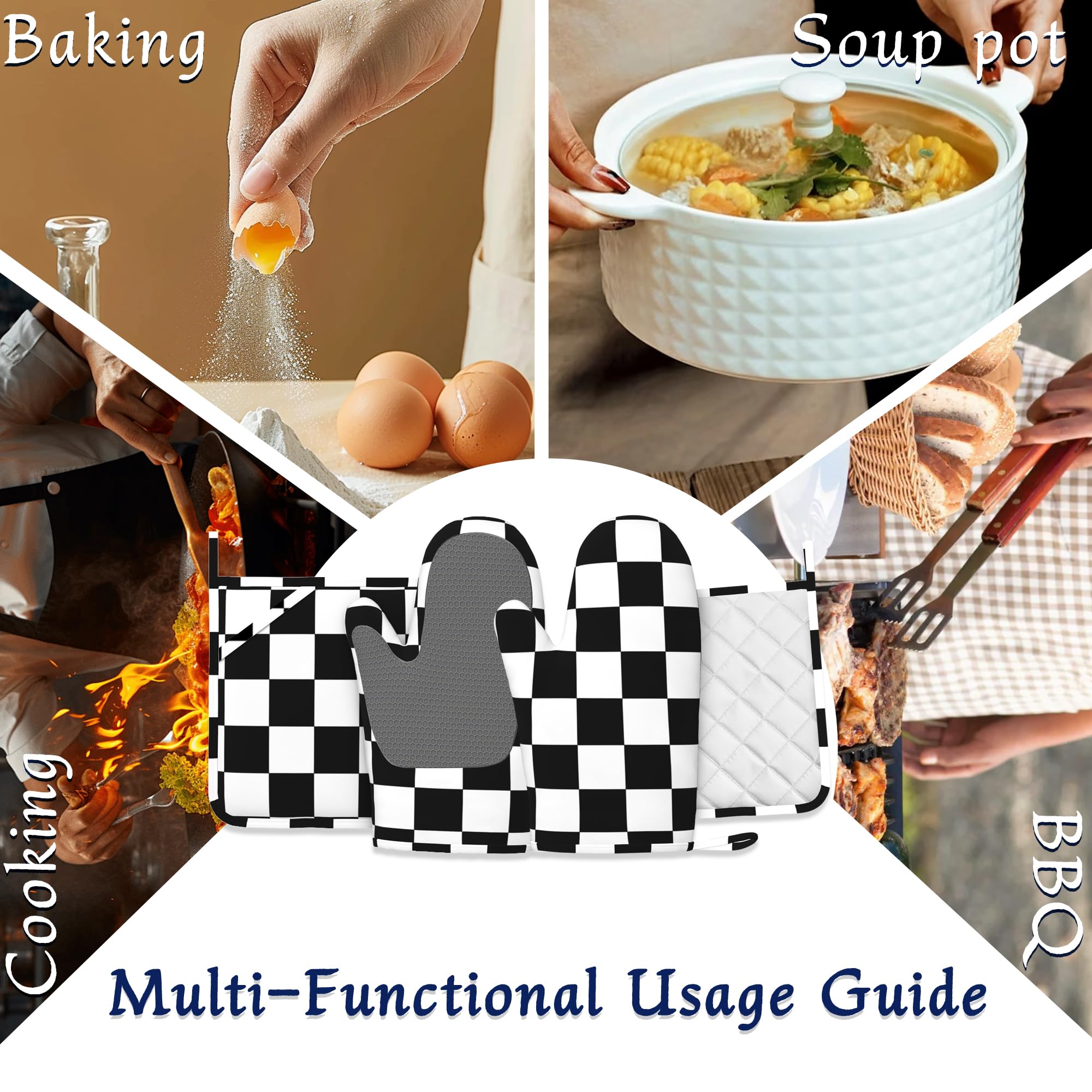 Ofenhandschuhe und Topflappen, Set mit 4 Stück, Büffelkaro, hitzebeständig, Silikon, Ofenhandschuhe, rutschfeste Küchenhandschuhe, Topflappen zum Kochen, Backen, Grillen, BBQ
