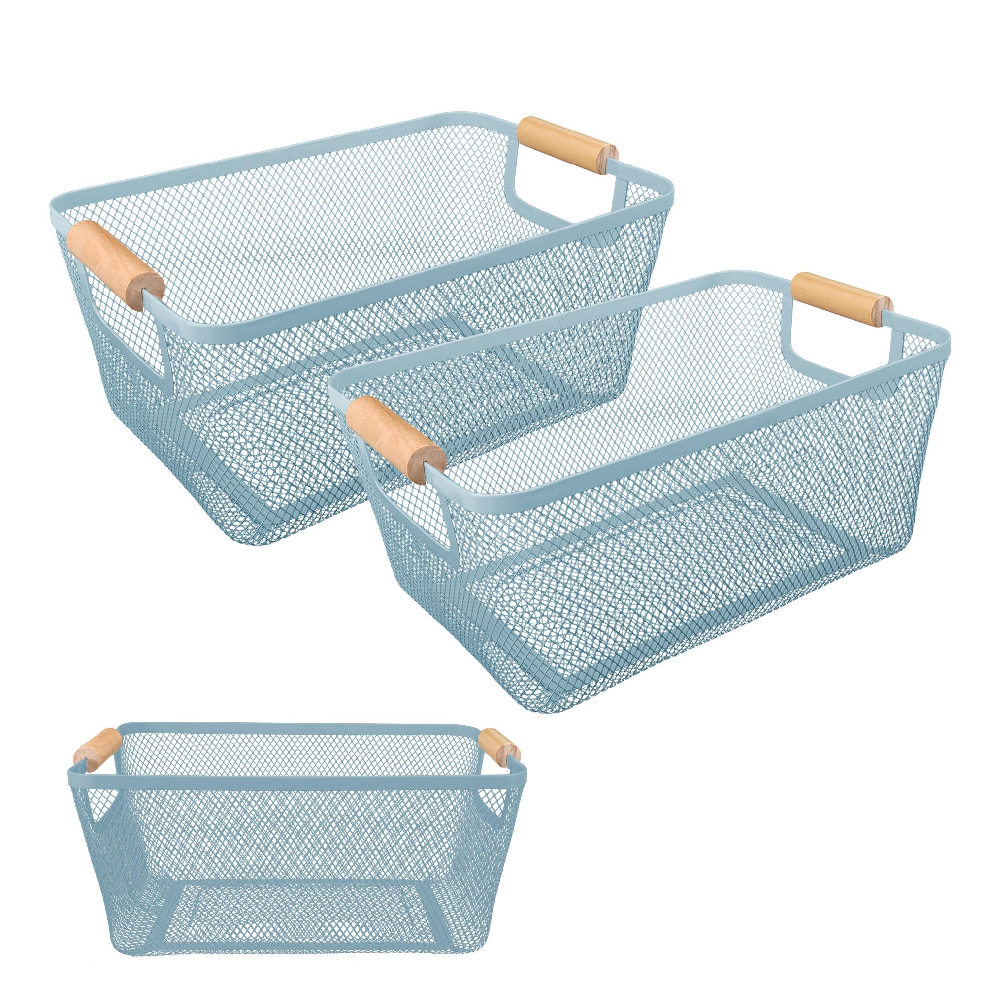 2Pack Metal Mesh Steel Basket with Bamboo Handle - Wire Metal Basket for Kitchen Organization, 12" Wide Food Organizer Bin, Perfect for Organizing