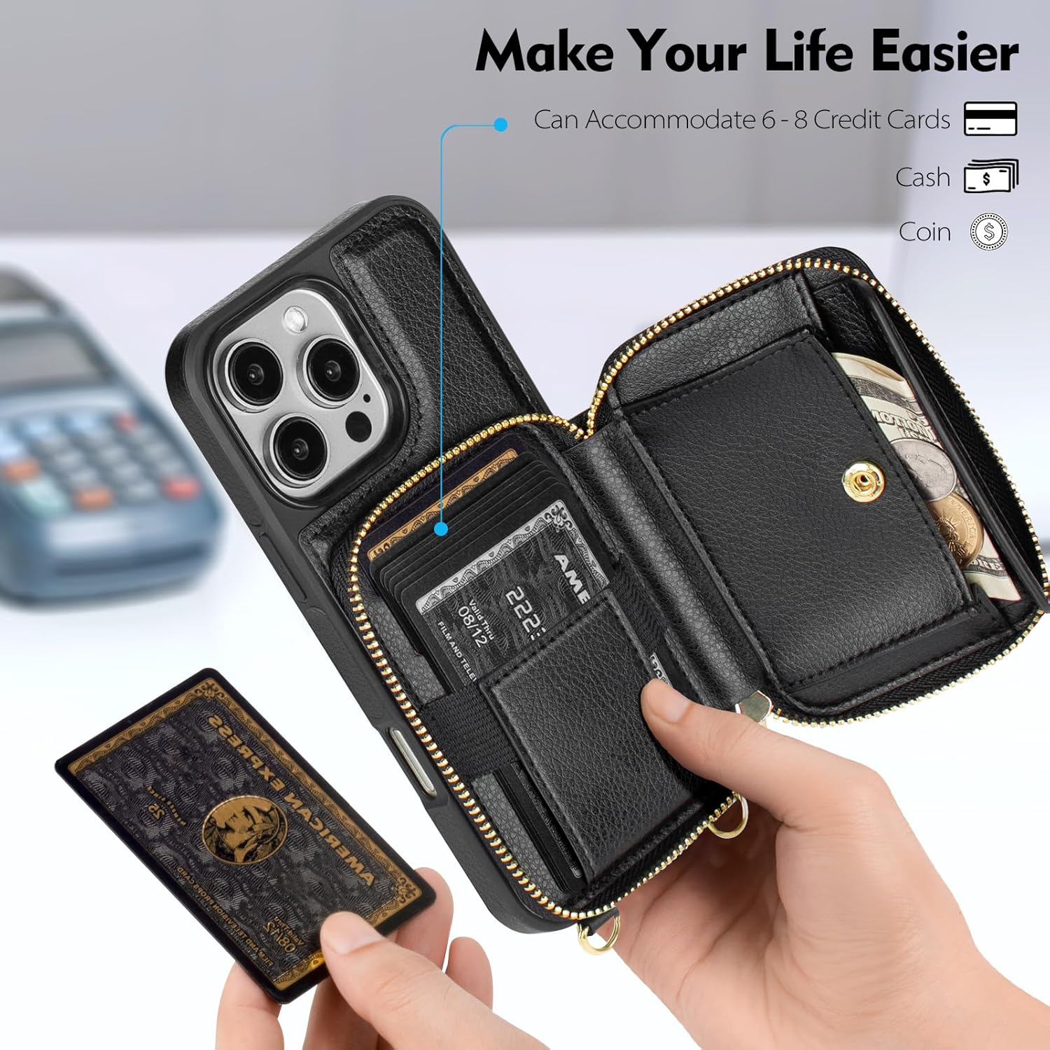 SkyEagle Compatible with iPhone 16 Pro Max Wallet Case for Women【RFID Blocking】 Crossbody Phone Case PU Leather Zipper Handbag Wrist Strap Cover Credit Card Holder,for Apple 16 Pro Max,(Black)