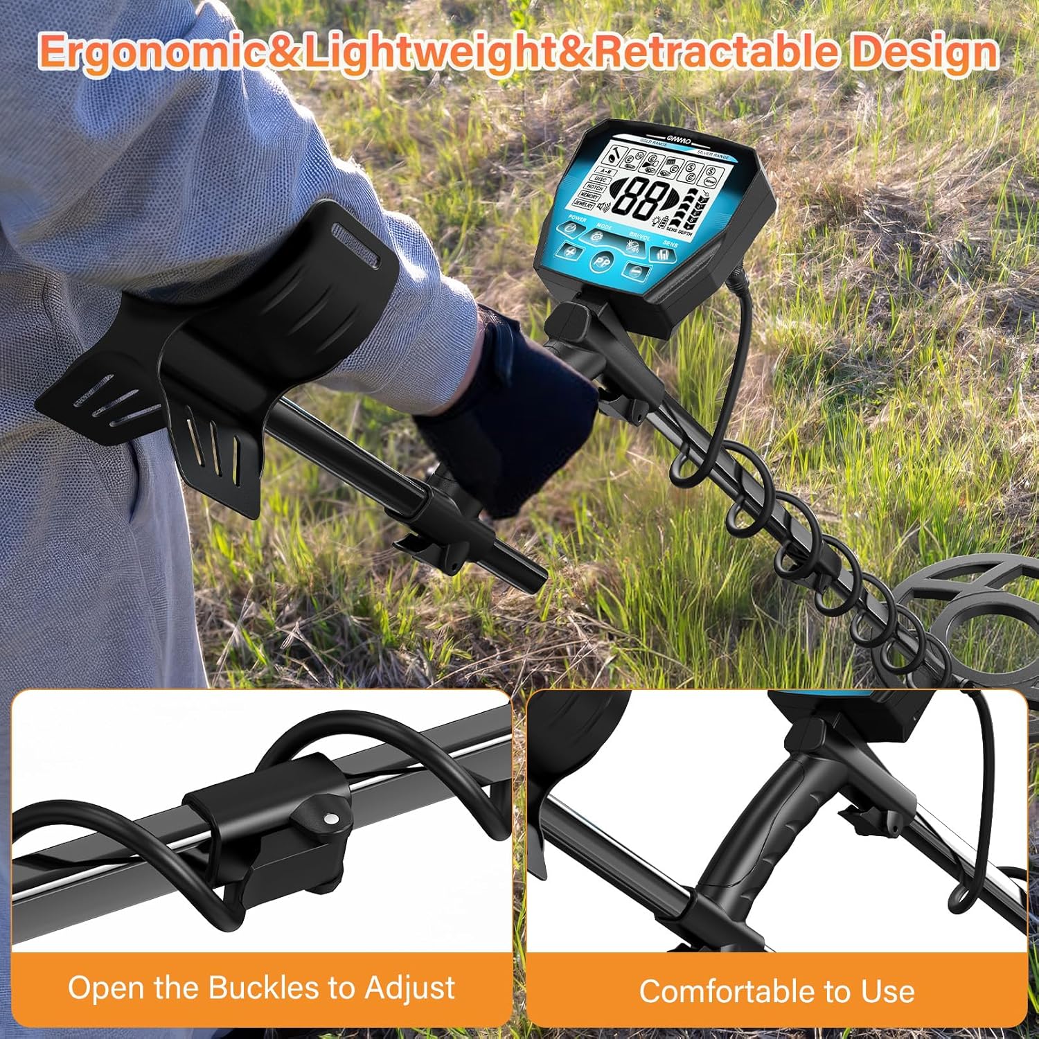 Close-up of the metal detector's ergonomic handle and adjustable buckle
