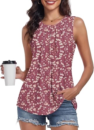 syoss Womens Summer Tank Tops Pleated Round Neck Sleeveless Trendy Tops for Women Dressy Casual