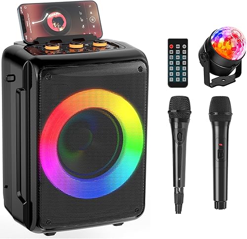HWWR Máquina de karaoke para adultos y niños, altavoz Bluetooth con 2 micrófonos con luces de fiesta de bola de discoteca
