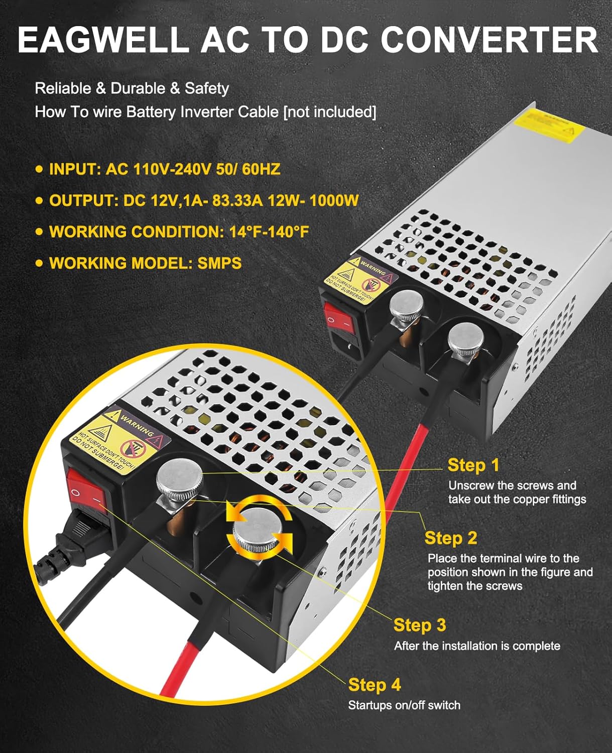 12V Power Supply 1000W, Universal SMPS 120V AC to 12V DC Converter Switching Power Supply DC Transformer Driver Adapter for Diesel Heater, RV,Pump, LCD Monitor