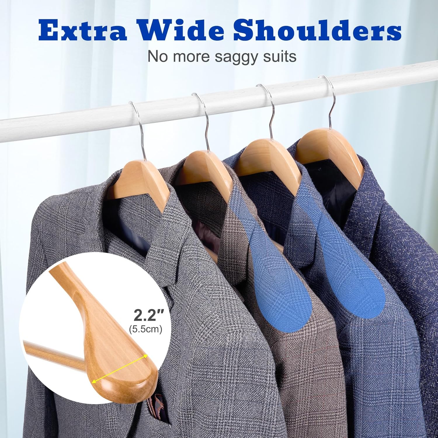 HOUSE DAY Wide Shoulder Wooden Hangers 12 Pack, Wood Suit Hangers for Men with Non Slip Pants Bar, Smooth Finish Solid Wood Coat Hanger for Jacket, Pants, Dress, Heavy Clothes Hangers (Natural) - Image 3