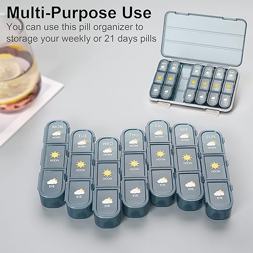 Miniatura 8 de Organizador de pastillas 3 veces al día, pastillero para 7 días, contenedor semanal de píldoras de viaje, dispensador grande de medicamentos,