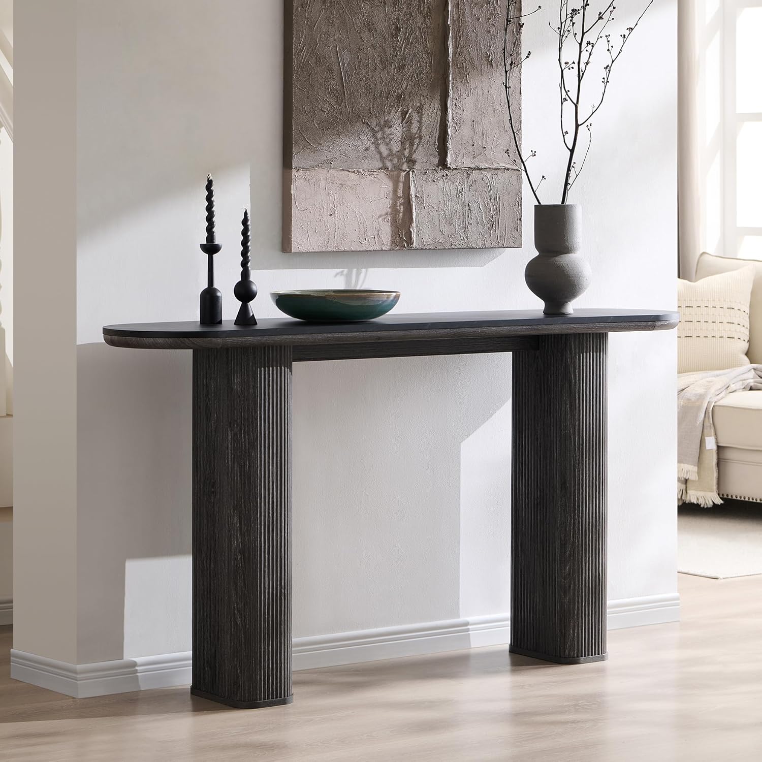 OKD 63" Modern Console Table with Arc Faux Marble Top & Fluted Dark Alder Wood Base - Entryway Sofa Table for Living Room, Hallway, Foyer