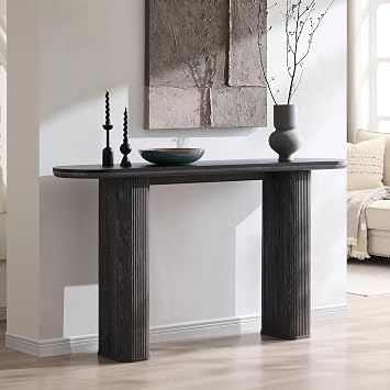 OKD 63" Modern Fluted Console Table, Narrow Entryway Table, Dark Alder | Modern Fluted Wood Base, Curved Faux Marble-Texture Top, Entryway, Hallway, Foyer, Behind Sofa