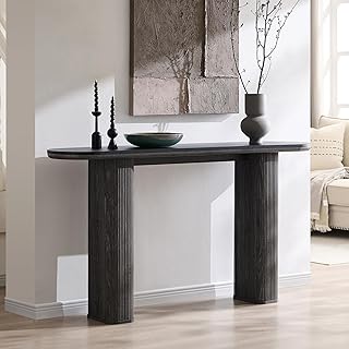 OKD 63" Modern Console Table with Arc Faux Marble Texture Top, Fluted Wood Base, Contemporary Entryway Sofa Table for Living Room, Hallway, Foyer, Dark Alder