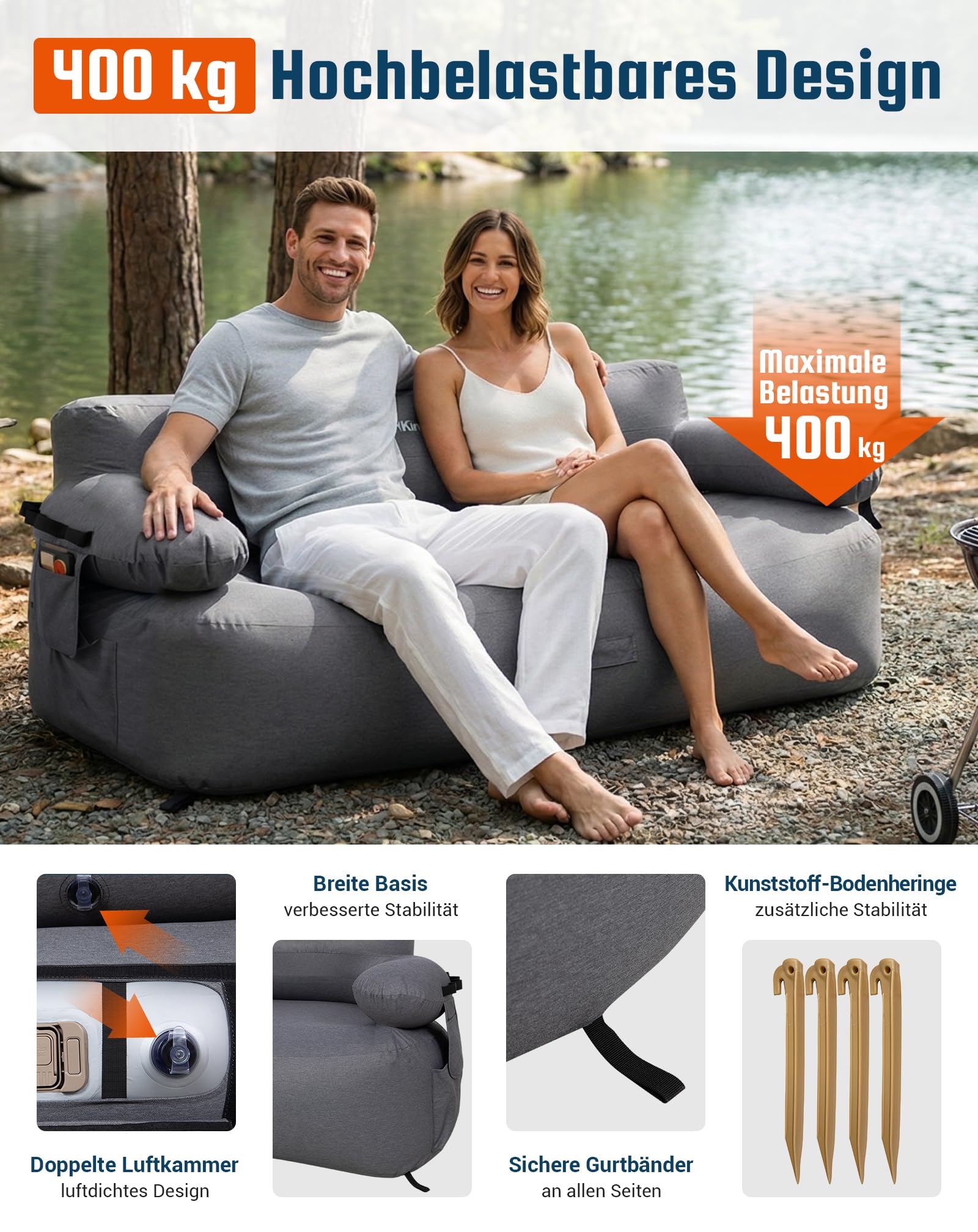 KingCamp Aufblasbares Sofa Camping mit Elektropumpe, 400 kg Belastbar Luftsofa Outdoor, Tragbarer Doppel Camping Couch Aufblasbar, Wasserdichtes Luft Sofa für 2 Personen, Reisen Strand Garten, Grau