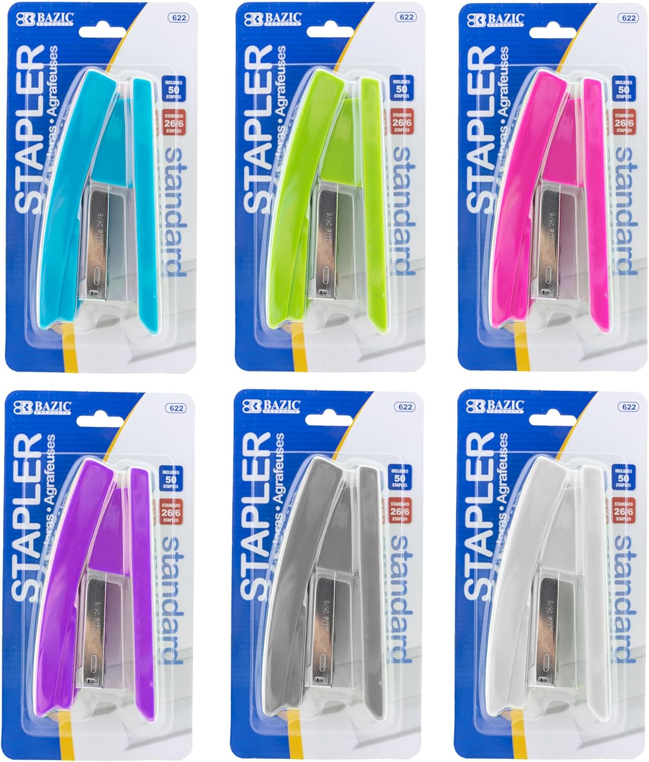 BAZIC Products Desktop Stapler Standard (26/6), 20 Sheets Bright Color Desktop Staplers for Home Office School, 24-Pack