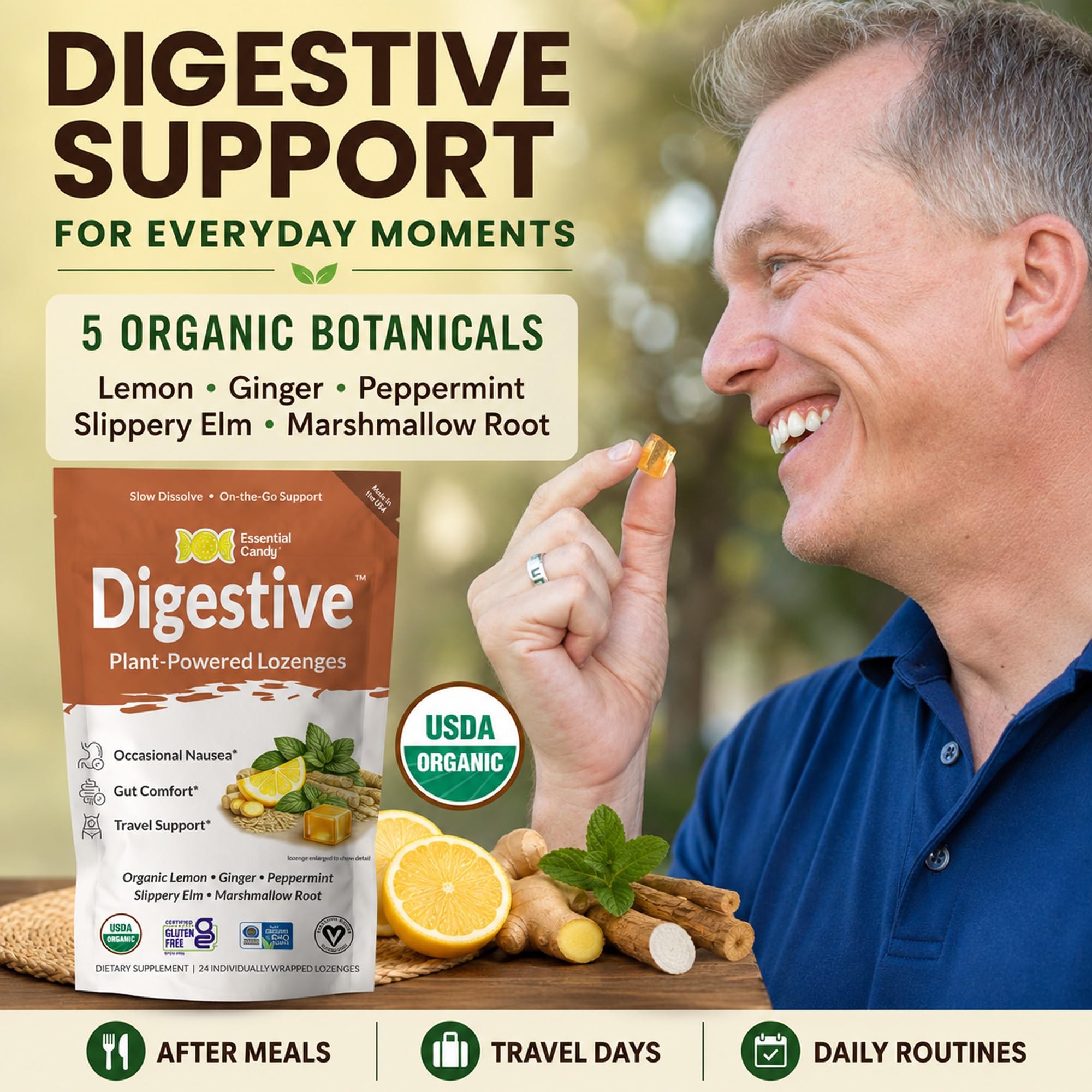 Essential Candy Digestive Blend Functional Lemon Ginger Lozenges for Nausea, Stomach Settle Support & Travel Sickness with Peppermint & Slippery Elm Plant-Based Lozenges 24 Ct. Made in USA — Amazon image 3