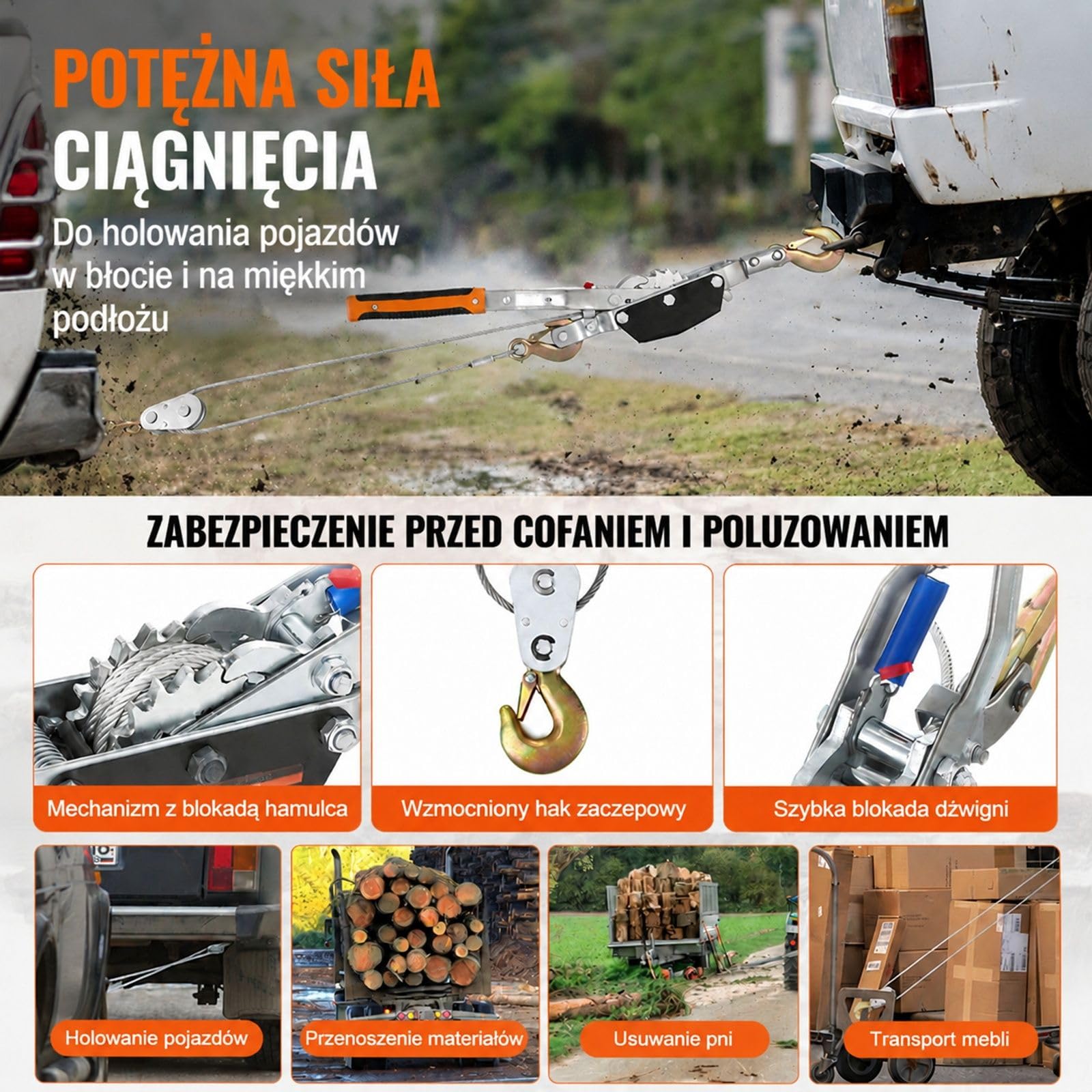 Ręczna wciągarka linowa z dźwignią, udźwig 5 ton, 3 haki, lina ze stali węglowej, dwubiegowa konstrukcja do pojazdów i warsztatu