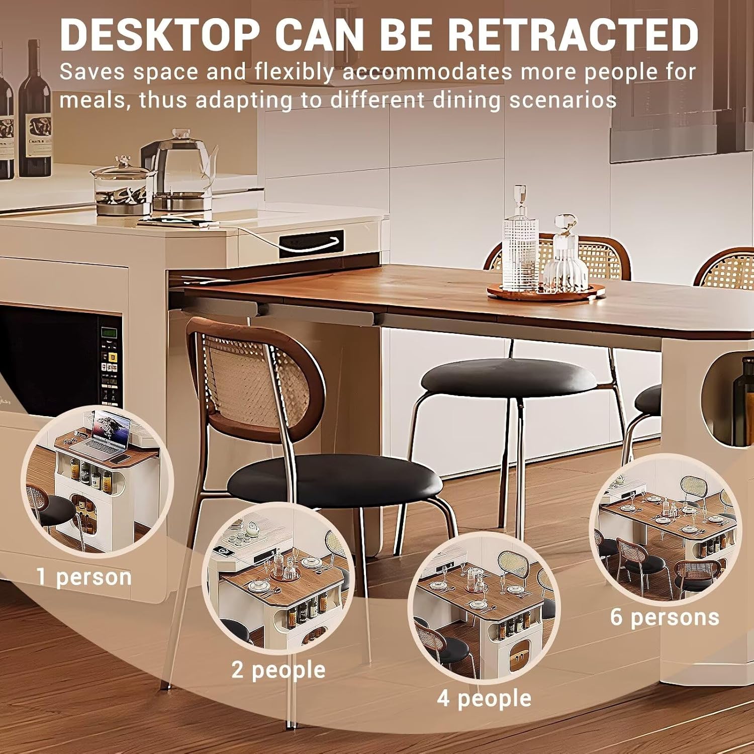 Kitchen Island - Kitchen Island with Extendable Dining Table Includes Solid Wood Tabletop and Slate Countertop,Pull-Out Cabinets with Ample Storage Space for 2-8 Person(No Chair)