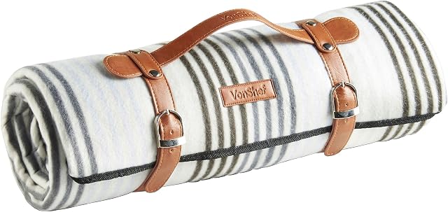 VonShef Picnic Blanket, Striped Large Outdoor Rug with Waterproof Backing, 4 Person Weatherproof Picnic Mat with Faux Leather Handle, Water Resistant Camping Accessories