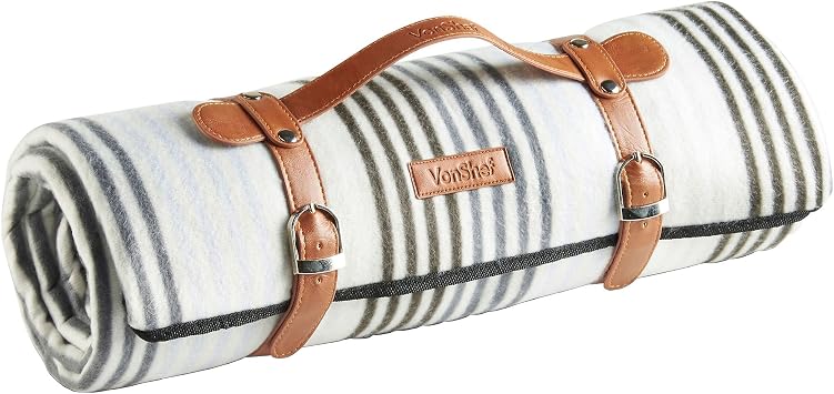 VonShef Picnic Blanket - Large 58" x 71" Soft Waterproof Folding Picnic Blanket for Outdoor Picnics, Beach, Camping - Gray Striped Pattern