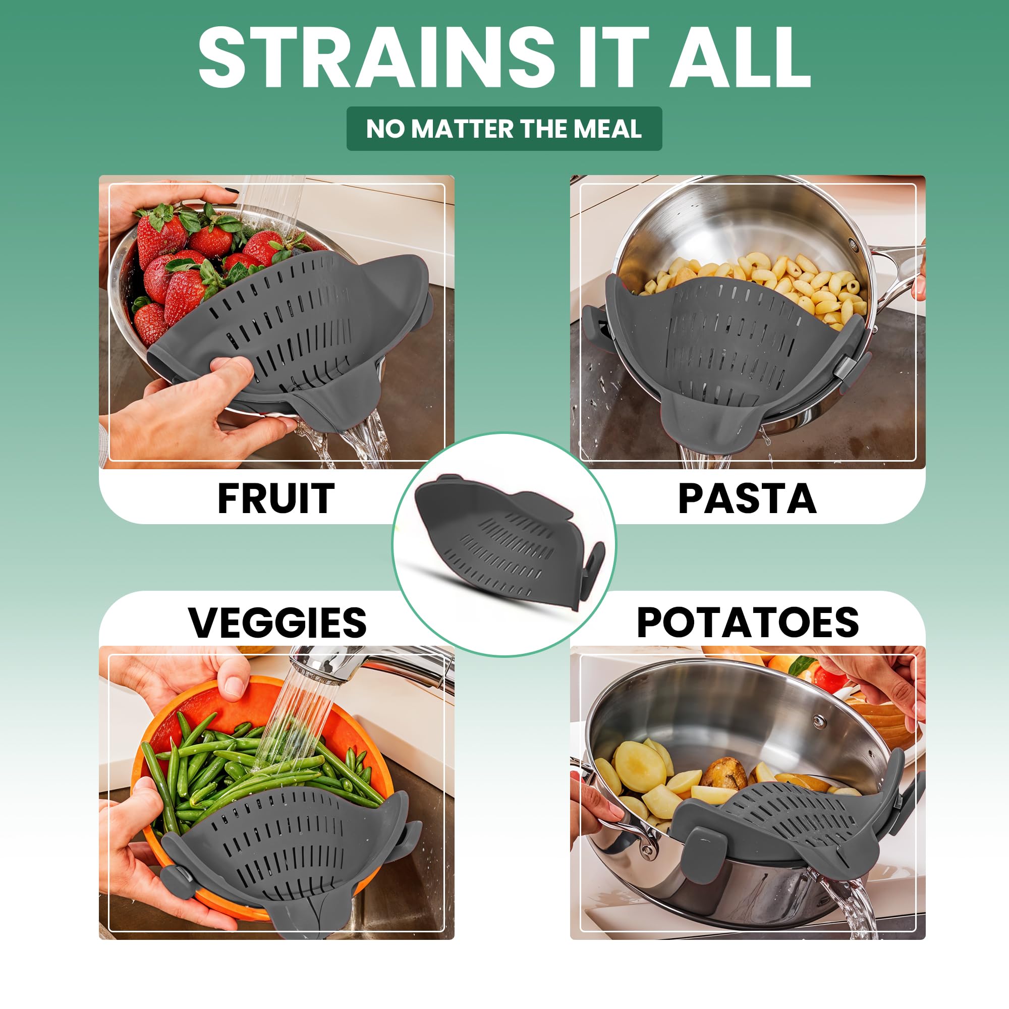 Colador de pasta con clip para ollas y sartenes, colador resistente al calor para verduras y fideos, diseño que ahorra espacio, sin BPA, apto para lavavajillas, ajuste universal (gris) 8