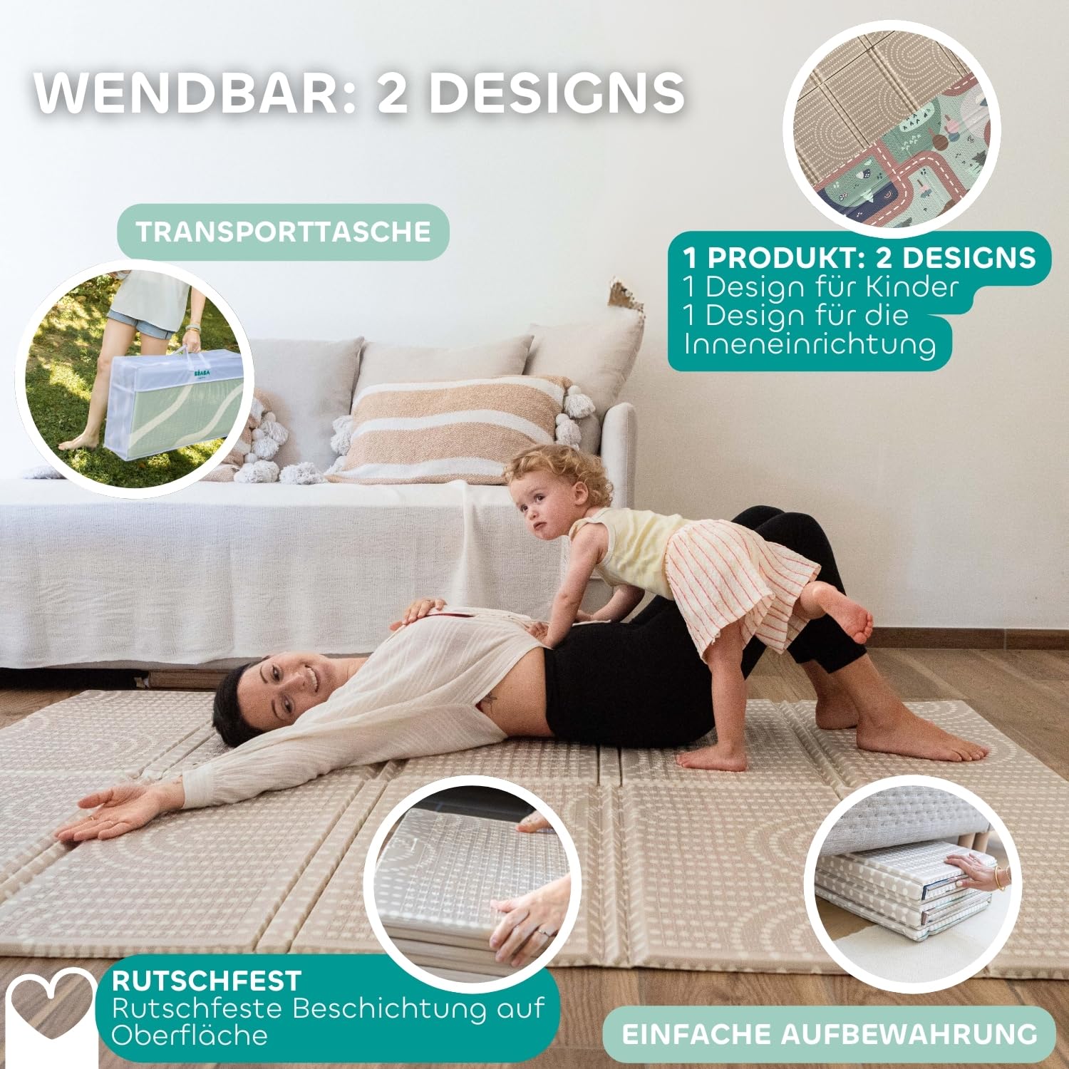 BÉABA XXL Motorikmatte 200x150 cm – Wendbar, 2-seitig, Hochdichte 1,5 cm Schaumstoff, Wasserabweisend, Leicht zu Reinigen, Zusammenklappbar mit Tragetasche – Play Life/Arch