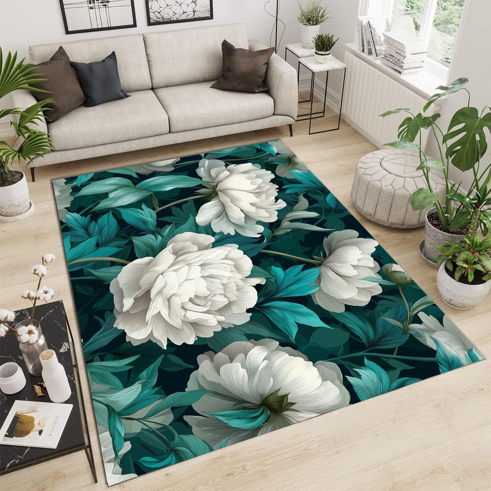 Tapis de salon pivoine blanche lavable pour chambre élégante
