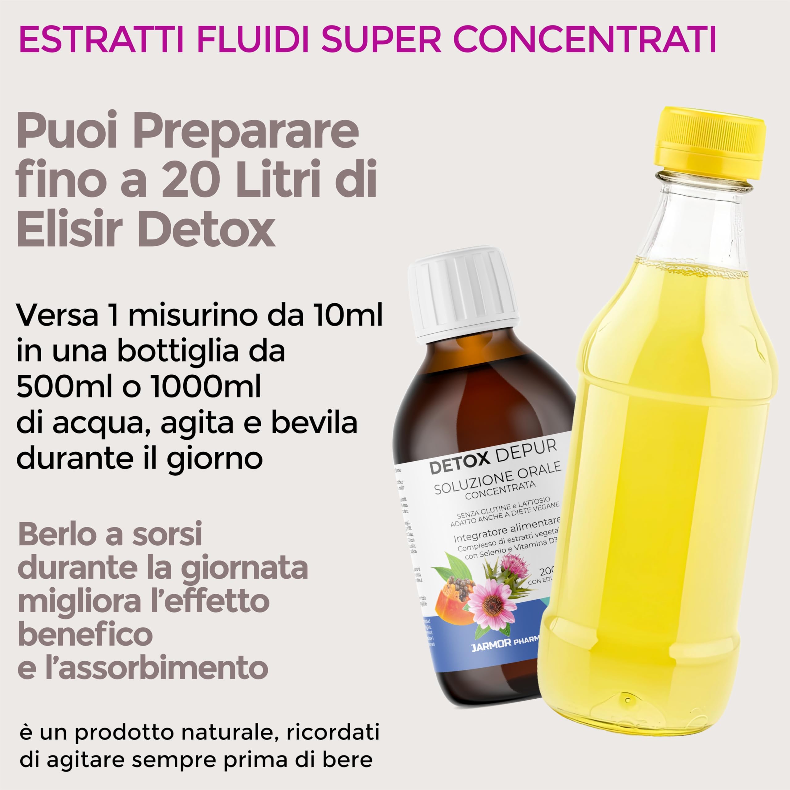 Detox Fegato e Intestino Depur Liquido 200 ml Drenante Naturale con Cardo Mariano Carciofo Finocchio Echinacea Papaia Selenio Vitamina D3 per Pancia Sgonfia Made in Italy