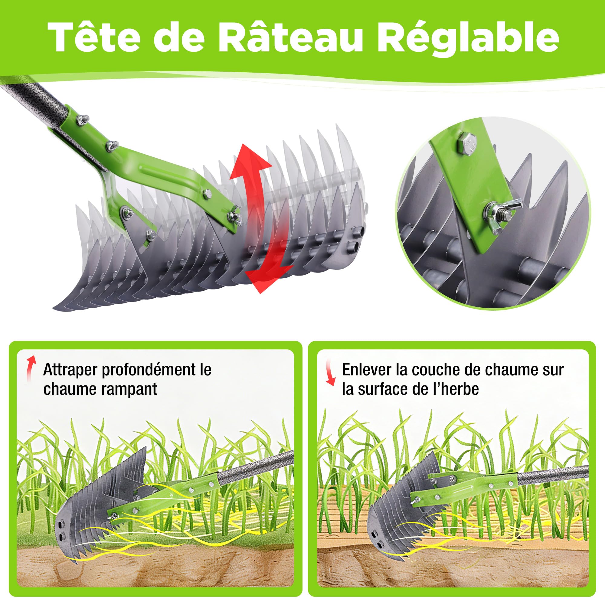 WORKPRO Râteau à Chaume 38 cm, Râteau Robuste pour Pelouse, Râteau à 19 Dents avec Manche Télescopique 1,78 m, Tête Réglable, Râteau de Défeutrage pour Éliminer Feutre, Débris et Aérer la Pelouse | Râteaux robustes avec tête réglable pour enlever les herb