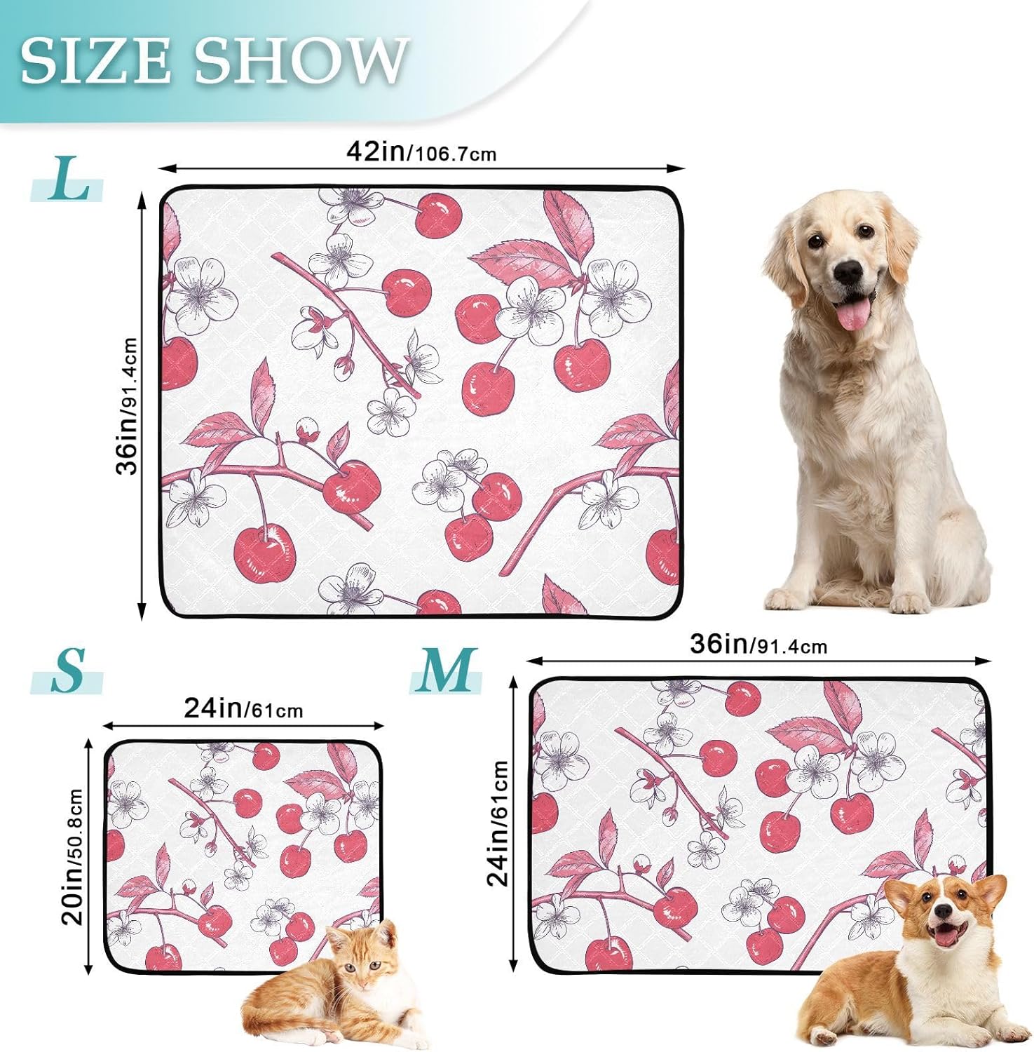 White Cherry Blossom Flower Pet Mat Reusable Feeding Mats for Food and Water Non-Slip Pee Pads for Dogs Cats 2 Packs