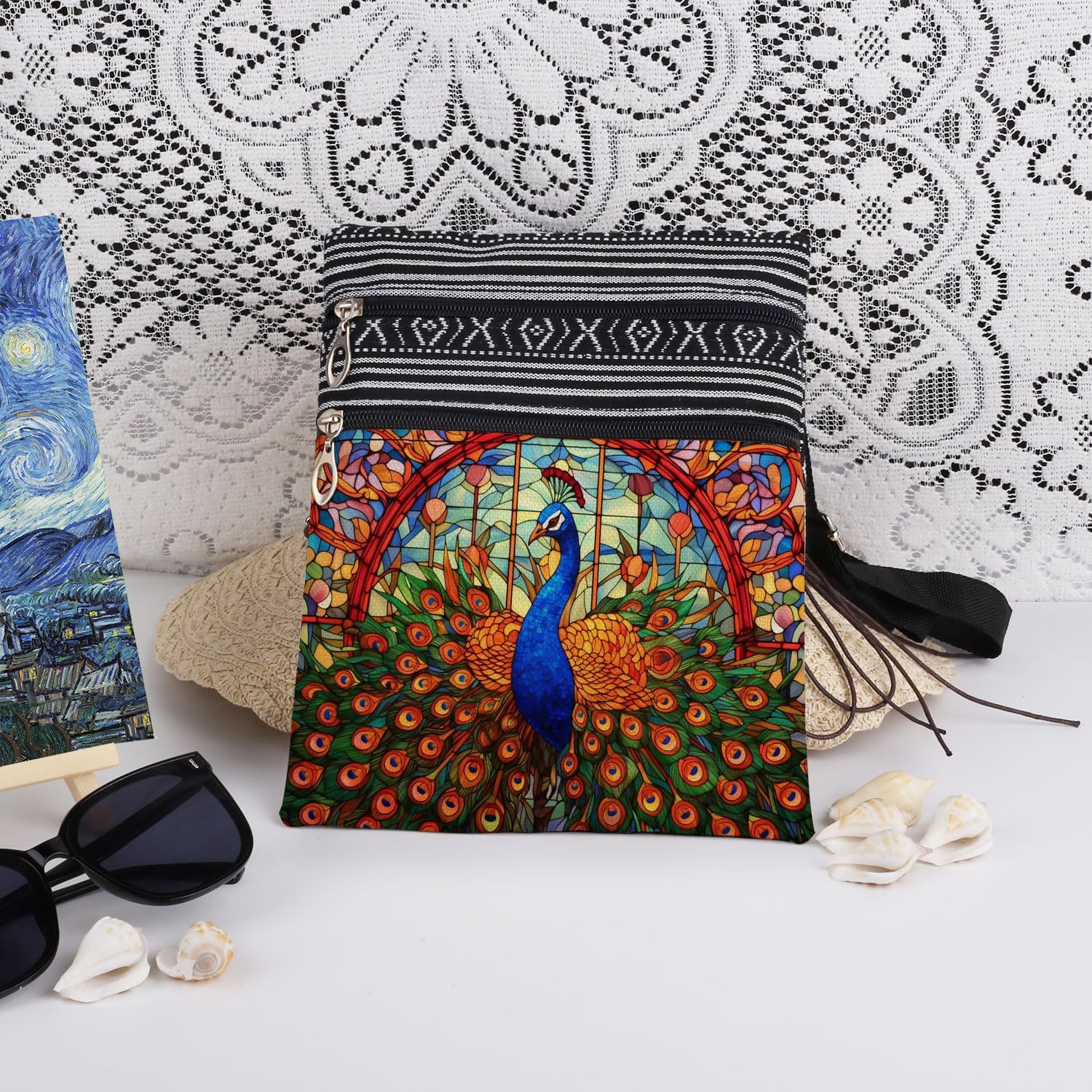 XiaoGalaee Stained Glass Peacock Crossbody Bag Women Daily Use Adjustable Shoulder Strap Messenger Bag Birthday Gift for Sister's Friend Travel Crossbody Purse - Image 3