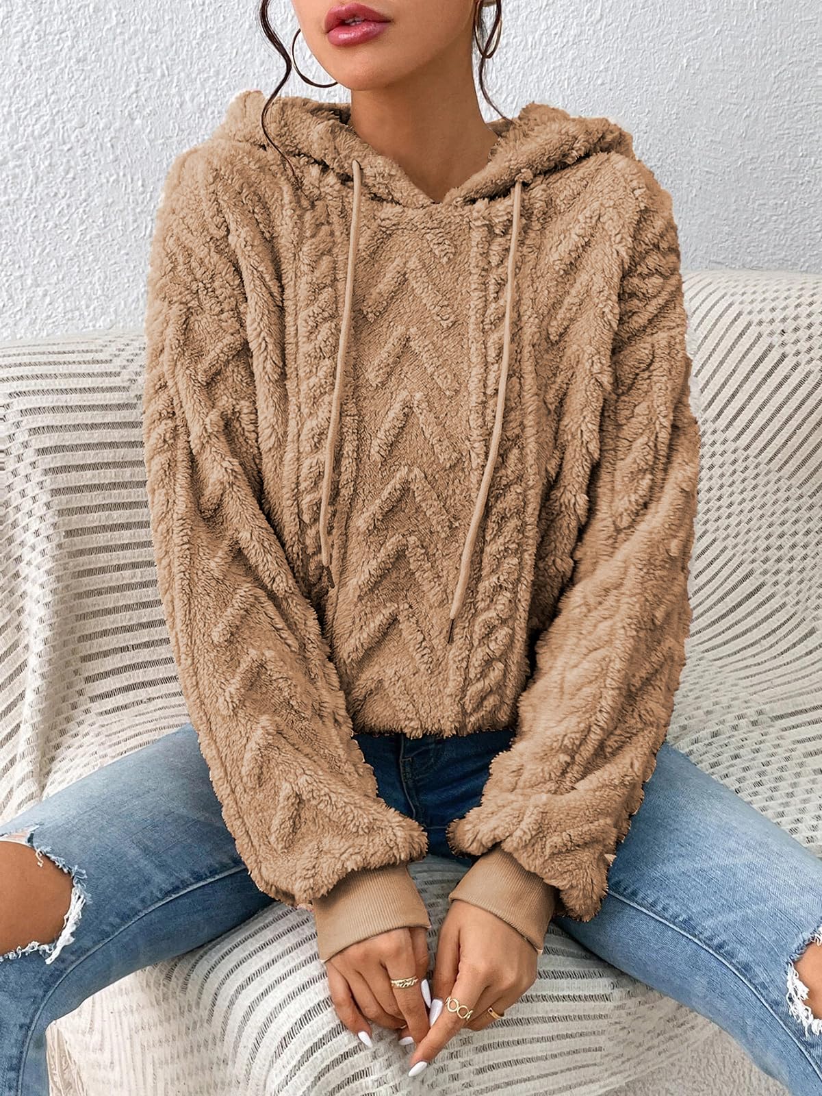 Sweat à Capuche Femme Pull à Capuche en Polaire Oversize Jacquard Cordon de Serrage Hoodie Pullover à Manches Longues