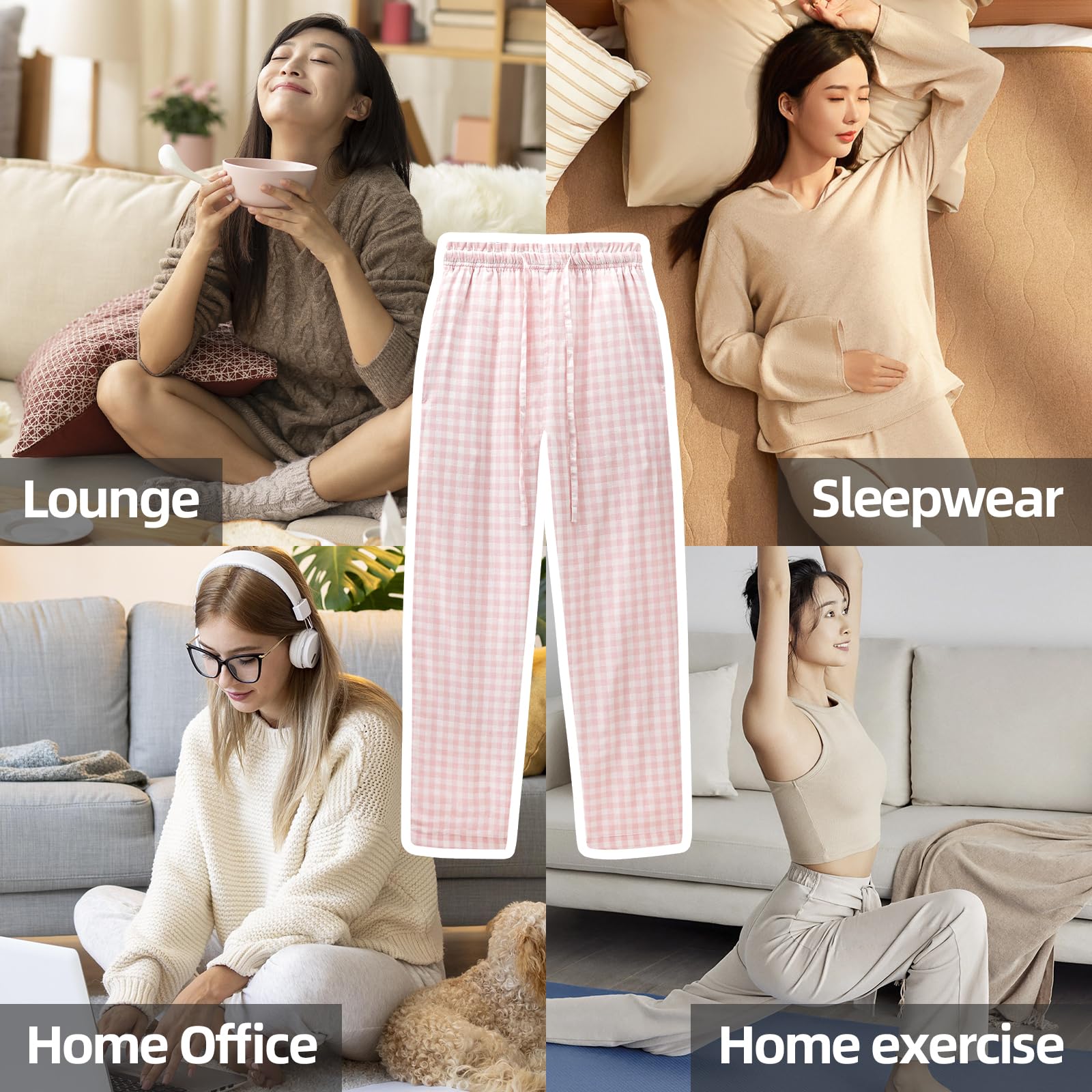 HomyComy Pantaloni Pigiama Donna Quadri Pantaloni del Pigiama da Notte in Cotone Comodi con Tasche