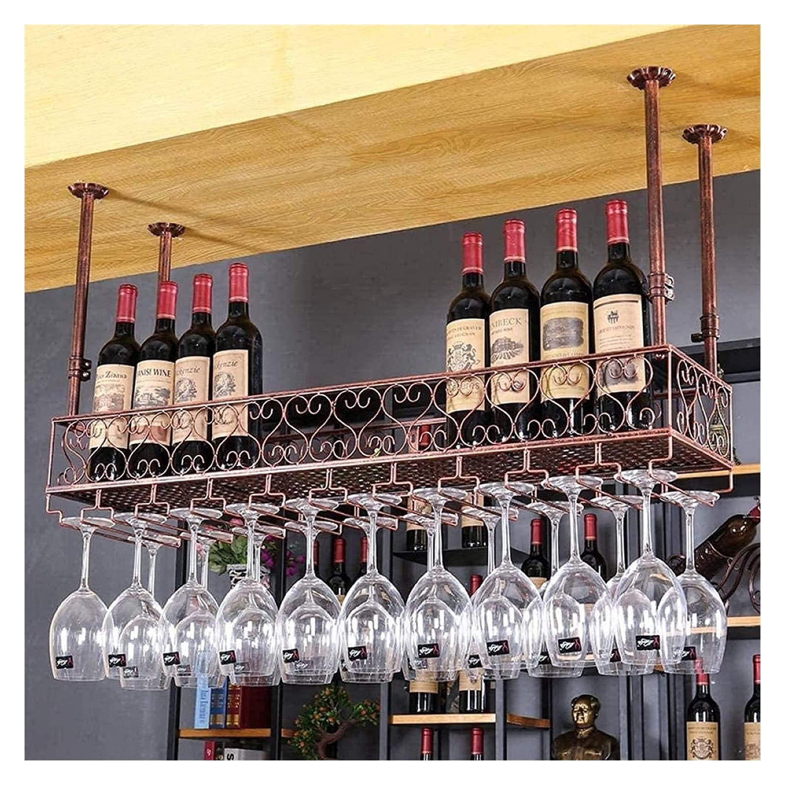 Estante para vino de techo con soporte para copas en hierro forjado negro