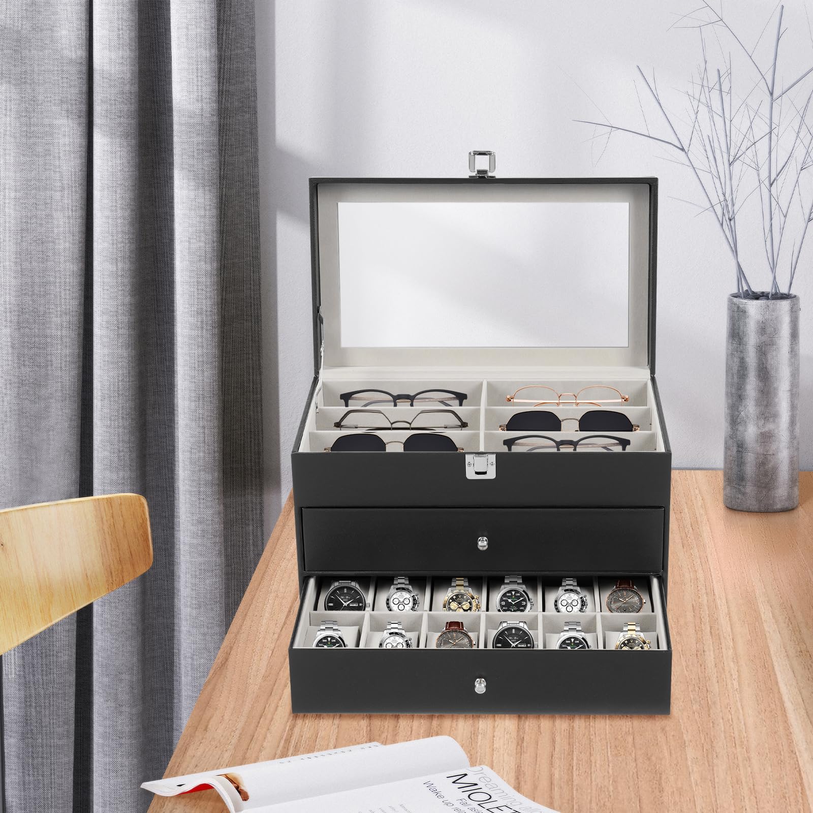 Caja para relojes de 3 niveles con 24 ranuras – Joyero, estuche para gafas y estuche de almacenamiento para relojes, gafas, joyas, anillos y más