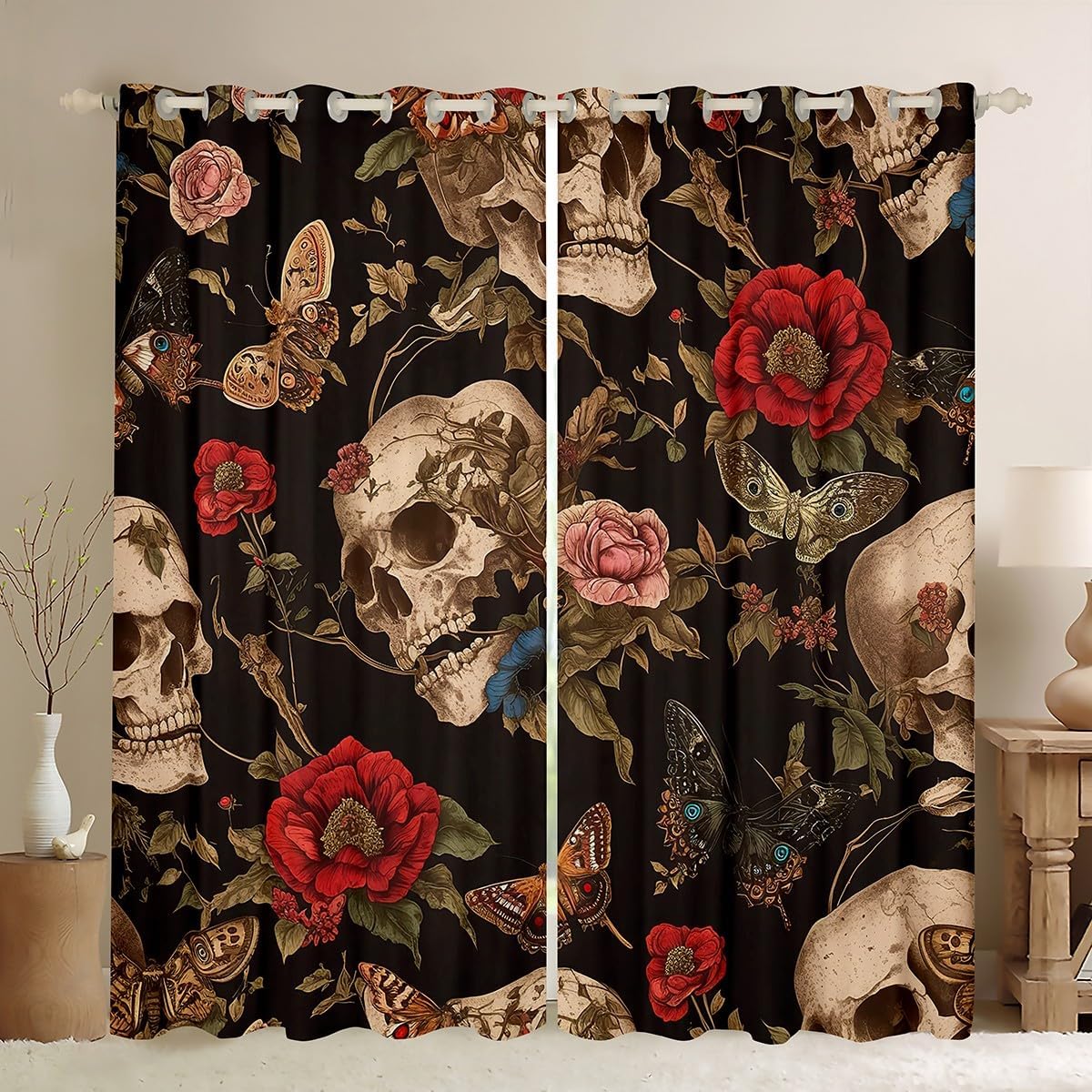 Feelyou Sugar Skull Rose 30%-50% Blackout Curtains (2 Panels, 38 x 45 Inch) Death Moth Curtains for Bedroom Living Room Gothic Skull Floral Flower Darkening Drapes Window Treatments