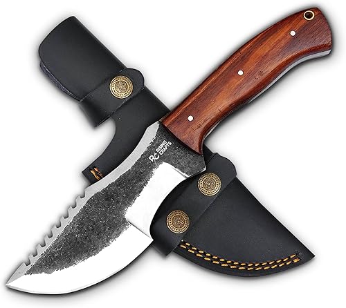 RISING CRAFTS Cuchillo rastreador de acero de alto carbono hecho a mano con funda de transporte horizontal, cuchillo táctico de supervivencia de