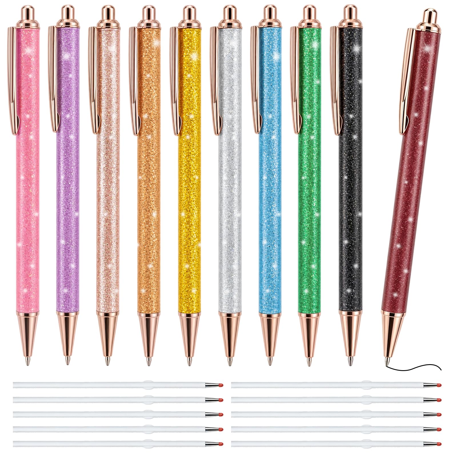 Maxumille 10Pcs Bling Ballpoint Pens, 1mm Black Ink Metal Pens with Refills