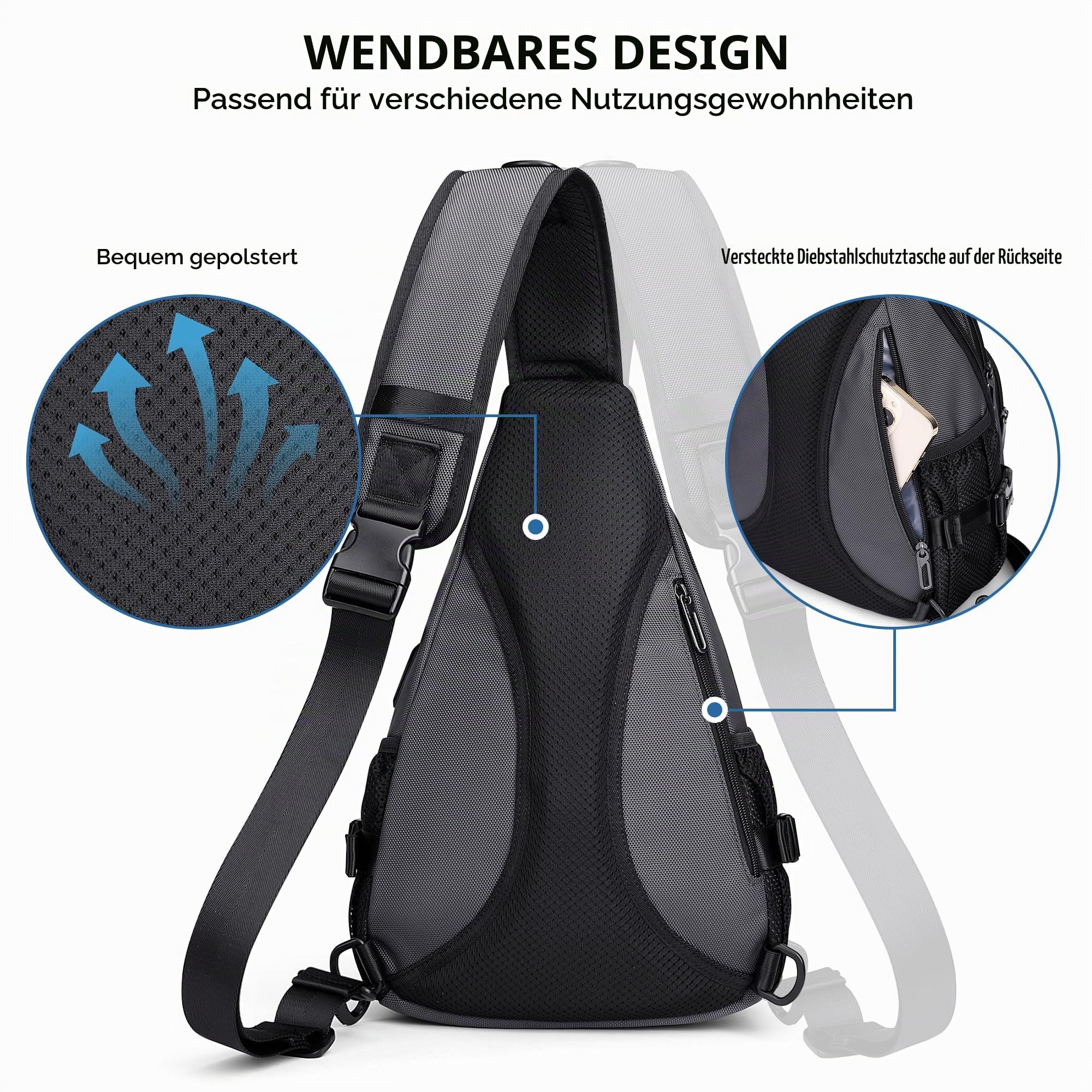 WITZMAN Umhängetasche für Herren 19L Reise Sling Bag mit USB-Ladeport