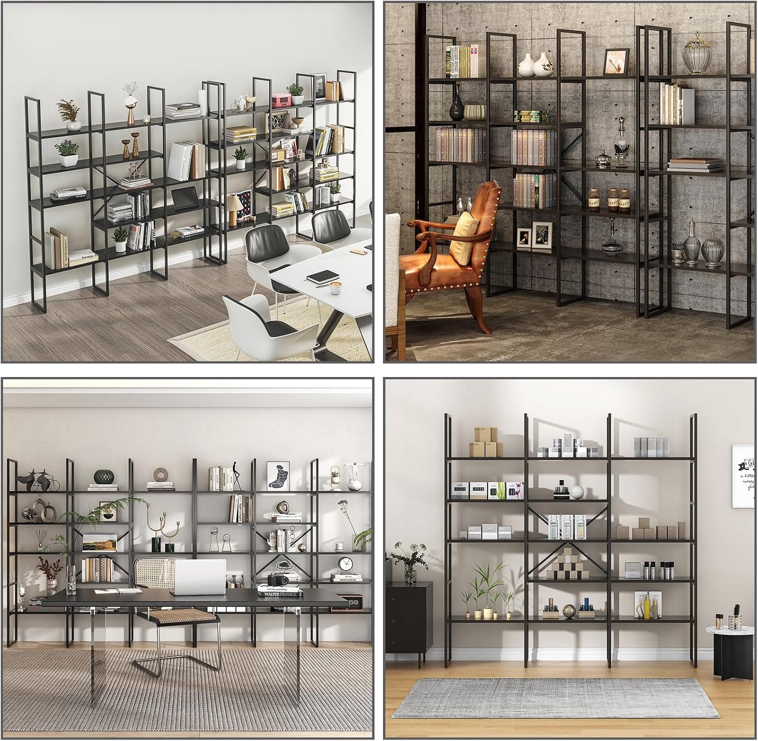 Jehiatek Large Bookshelf 5 Tiers, Triple Wide Geometric Bookcase, 71 Inches Tall Industrial Book Shelves Etagere Book Case, Sturdy Metal Frame, Freestanding Display Shelving Unit, Black