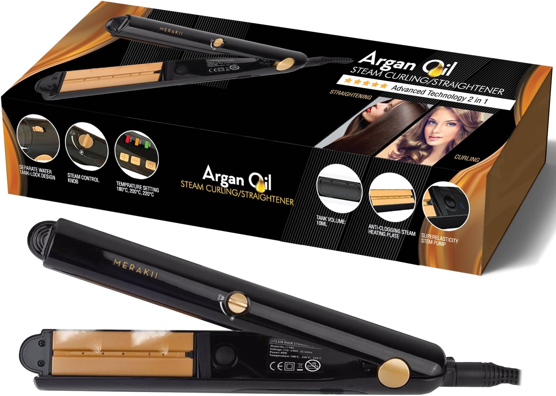 Steam Hair Straightener and Curling Tourmaline Ceramic Flat Iron. 2 in 1 for Professional Salon Hair Styling with Vapor, Argan Oil Infused Hair Treatment. Adjustable Temperature Heat up Fast 350°F-430