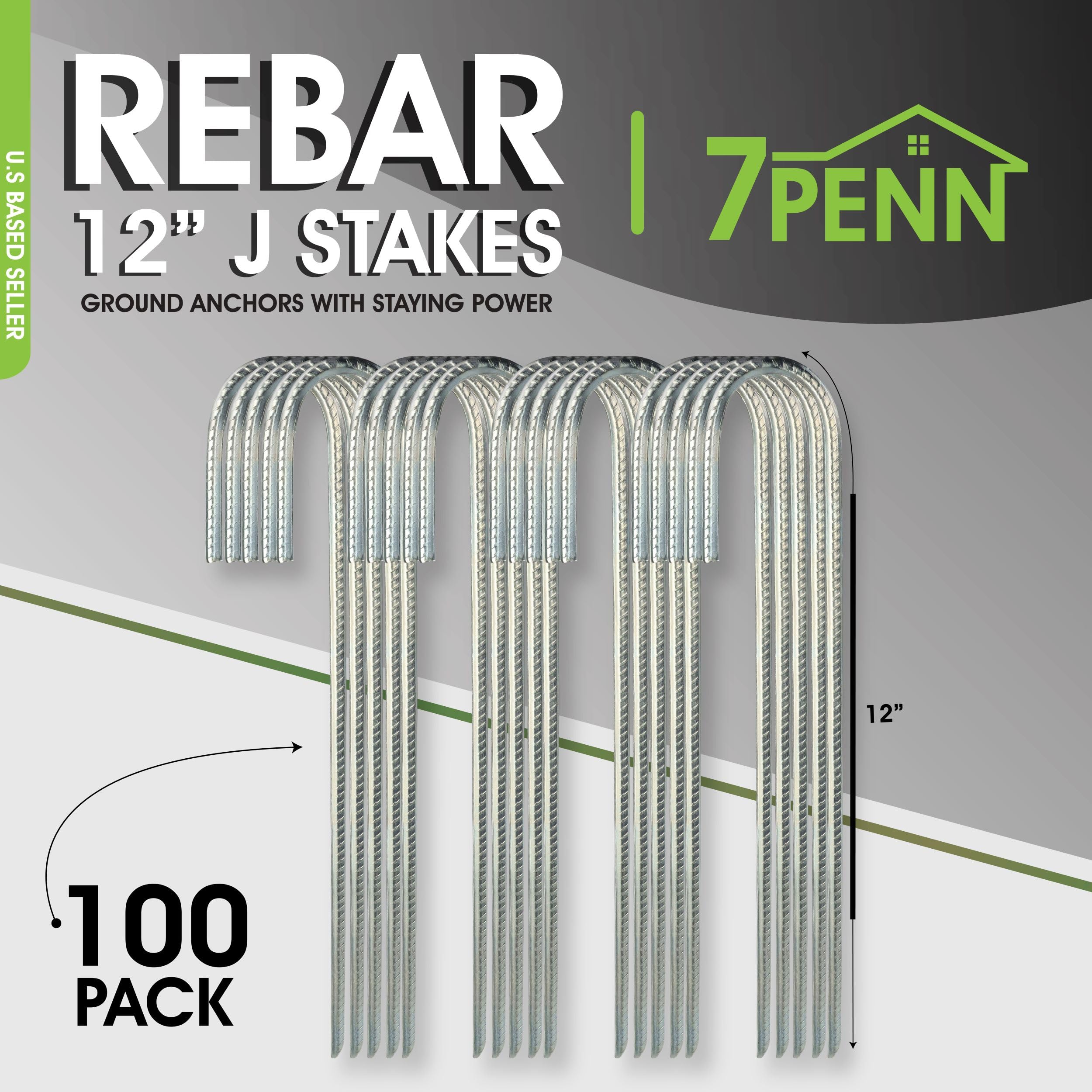 7Penn Rebar Stakes 12 Inch - 100 Pack J Shaped Rebar Stakes for Chain Link Fence - 1/4in Heavy Duty Steel Ground Anchors for Trampolines and Sports Nets - Event Tent Ground Anchor Bulk Pack