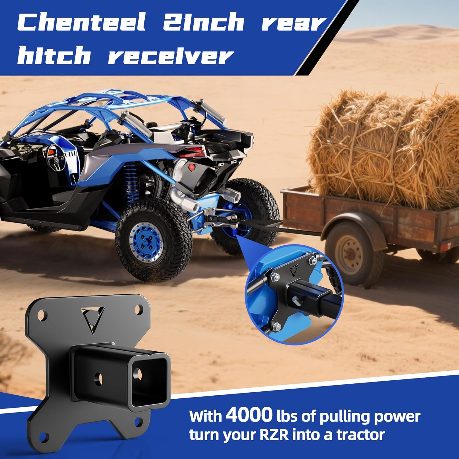 2" Utv Rear Receiver Hitch Plate - Compatible with Polaris RZR 2014-2024 Xp 1000 Xp 4 1000 Utv ATV, Heavy Duty 1/4" Thick Steel 2" Receiver Hitch, Receiver Hitch Accessories