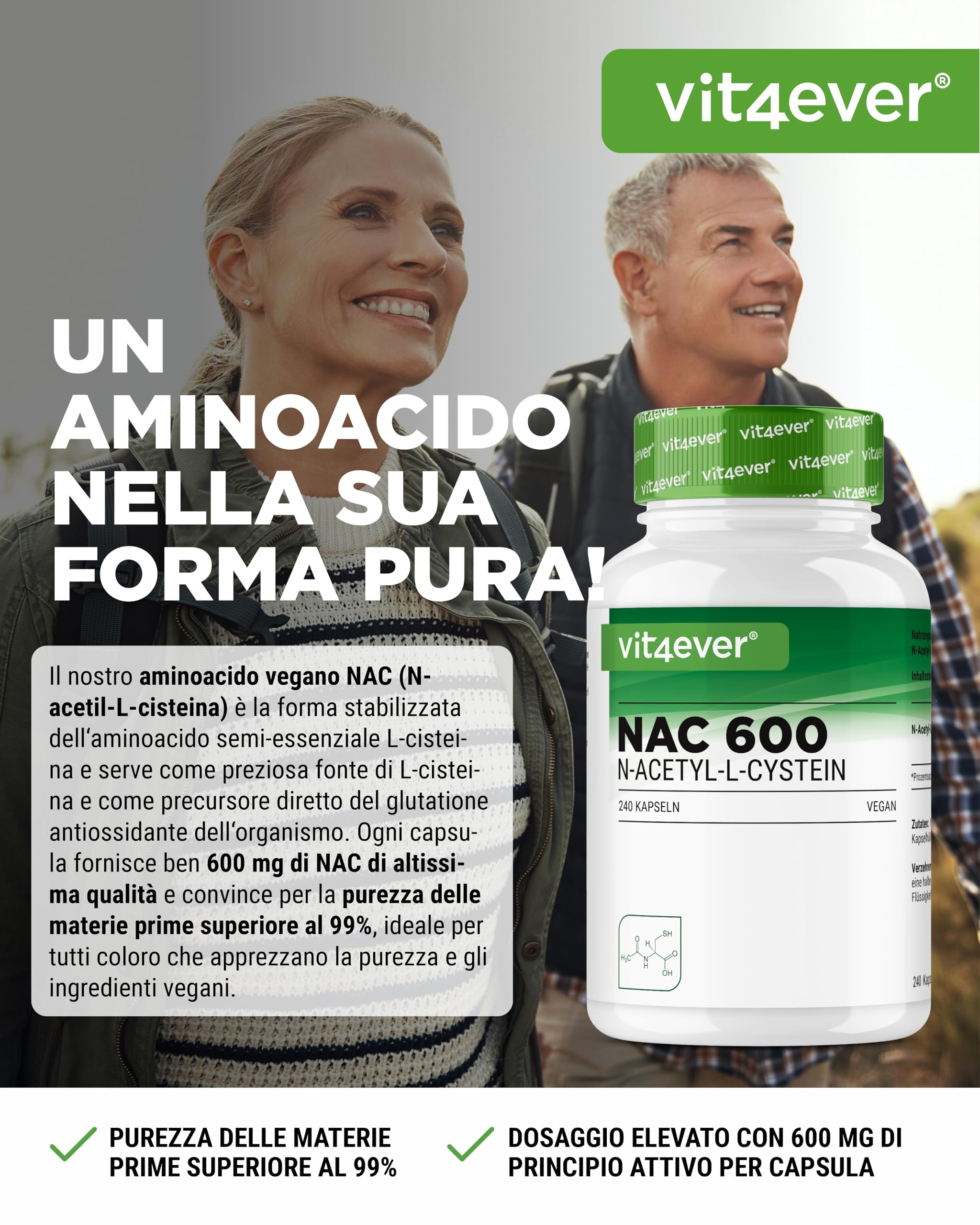 vit4ever NAC - N-Acetil L-Cisteina 240 capsule da 600 mg ciascuna - Scorta per 8 mesi - Senza additivi inutili - Vegano - Alto dosaggio - Qualità premium