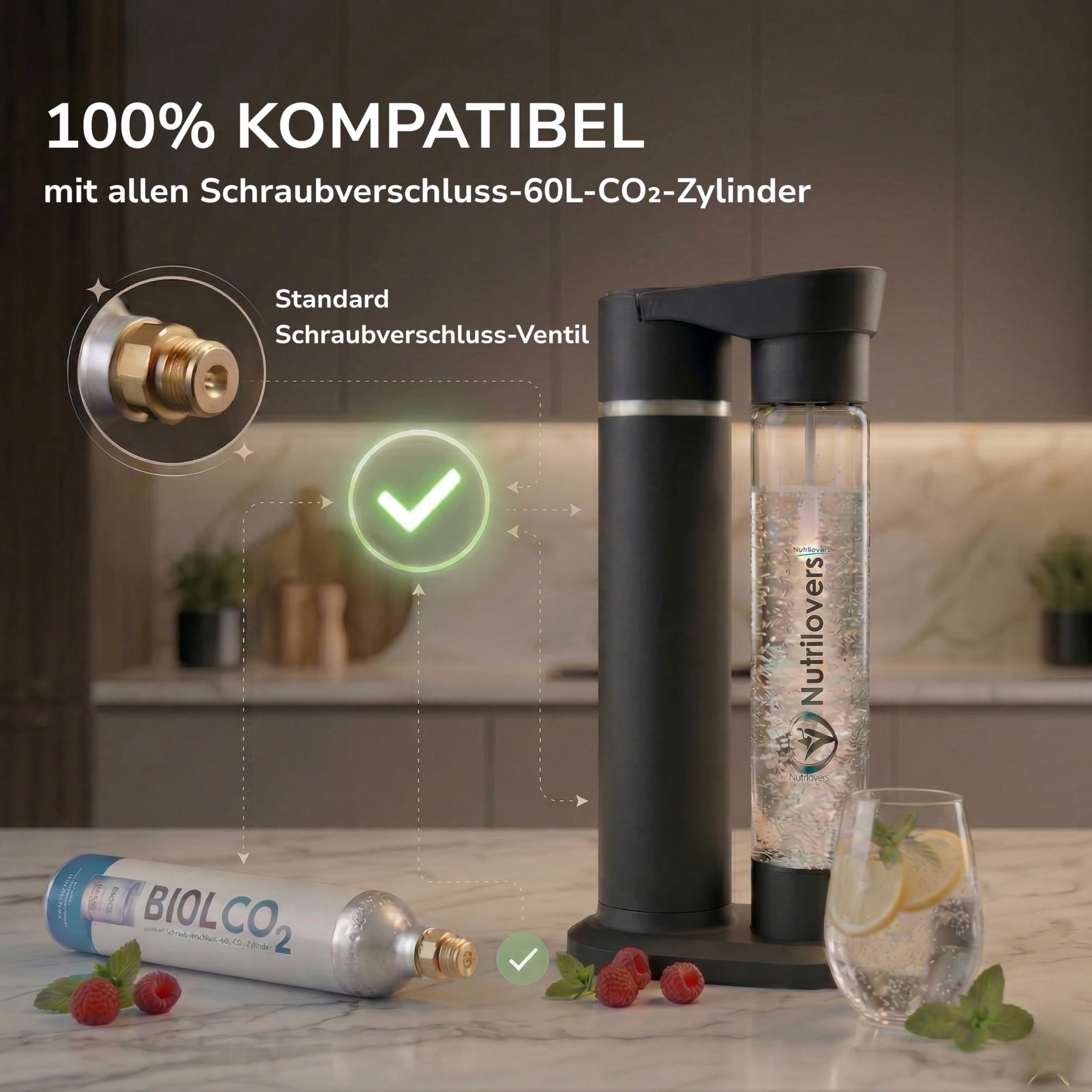 Nutrilovers® NUTRI-STREAM Wassersprudler Edelstahl mit schwarzem Finish, Designer PET-Flasche (38 CM hoch), 100% BPA-frei, Soda Maker 100% kompatibel mit allen 60L CO2-Zylindern, patentiertes System