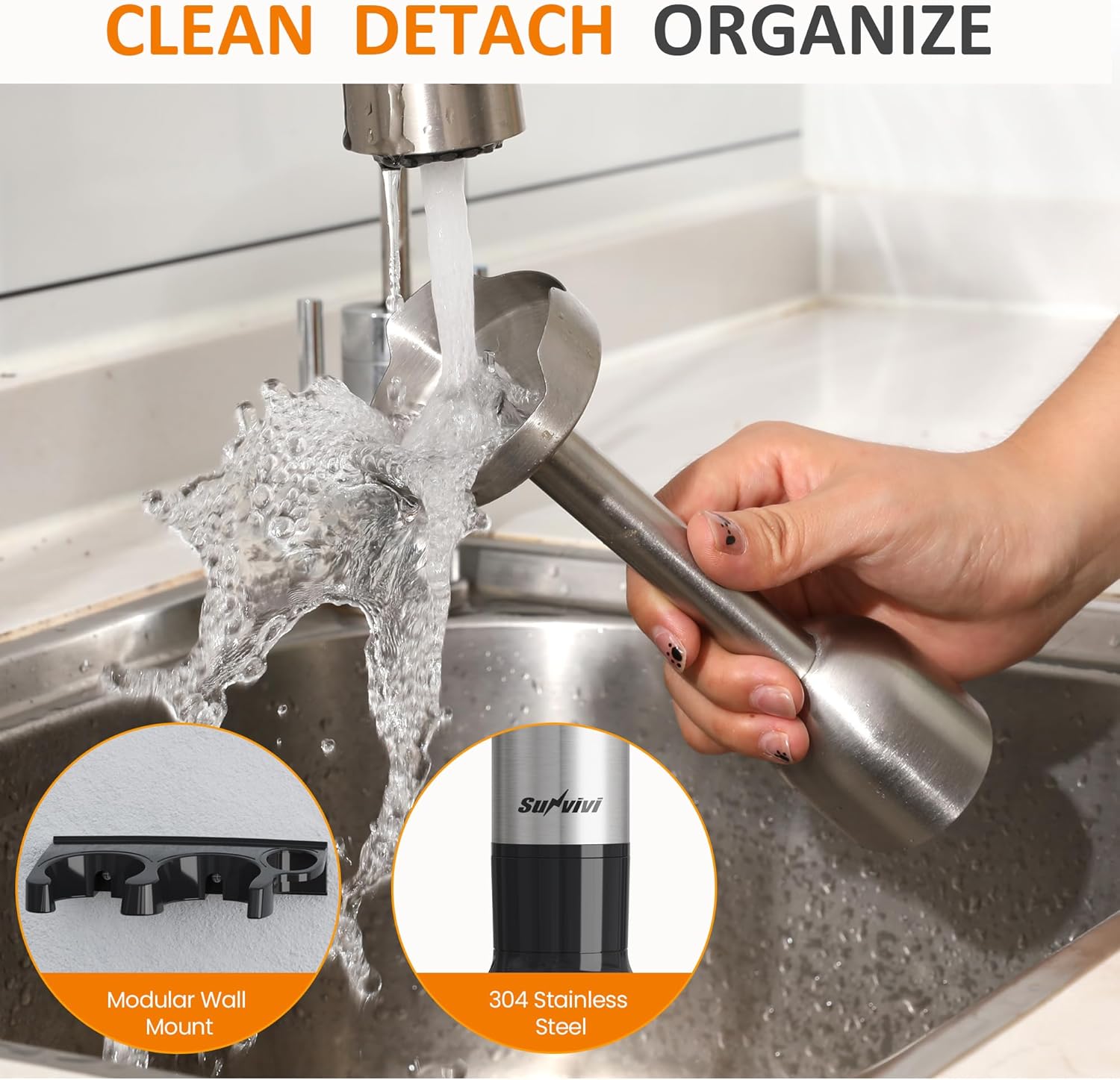 Image showing the immersion blender shaft being rinsed under a faucet and a wall mount for organizing accessories.