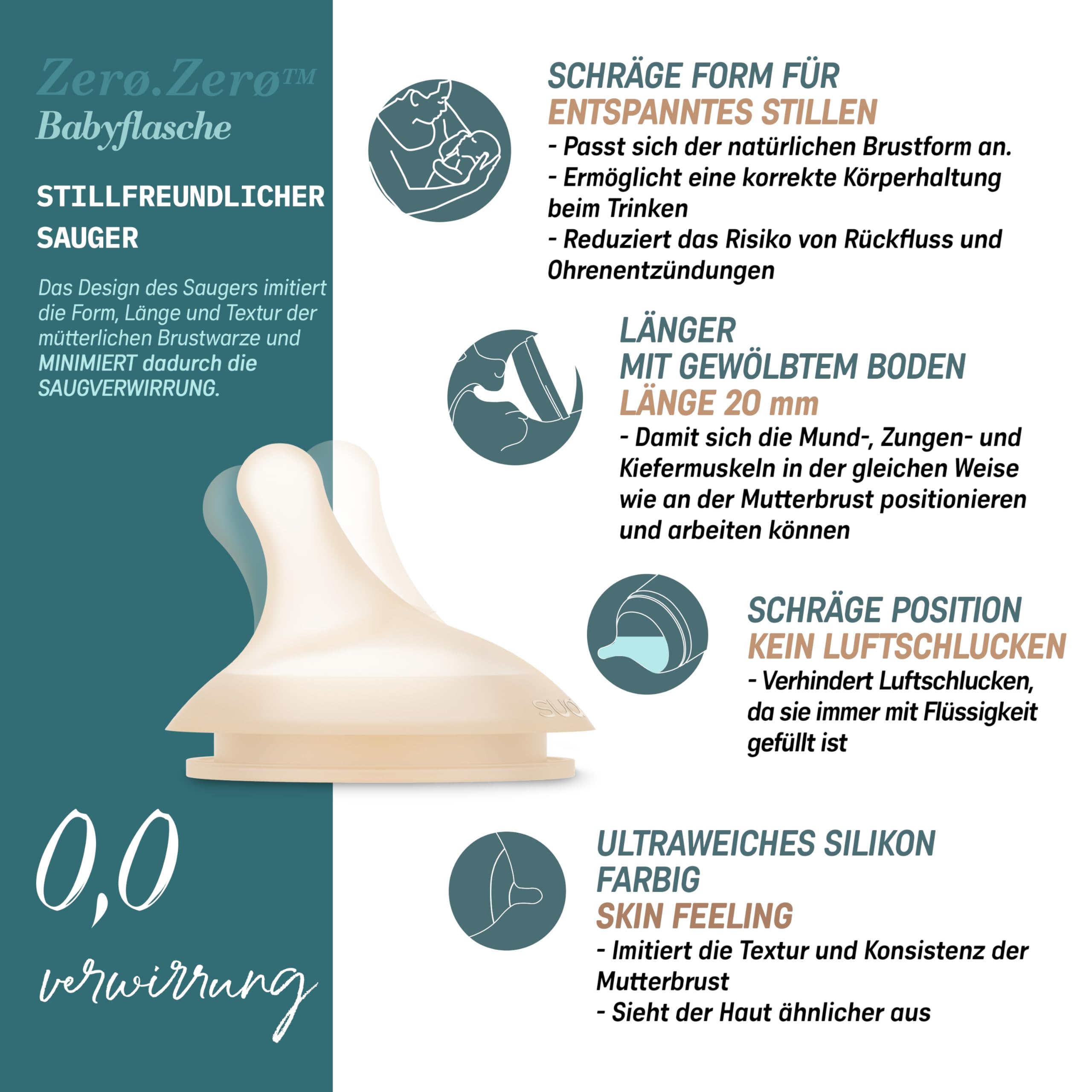 Suavinex, 4er Pack Anti-Colic Babyflasche Zero Zero,mit mittlerem Silikonsauger (M), für Babys ab 3 Monaten, Empfohlen für gestillte Babys und Flaschennahrung, 270 ml, Fair