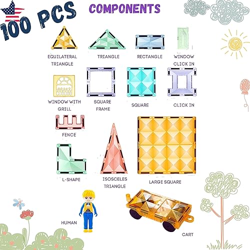 Miniatura 4 de Azulejos magnéticos de castillo medieval, 100 piezas de bloques de construcción magnéticos para niños con automóvil, formas geométricas, figuras