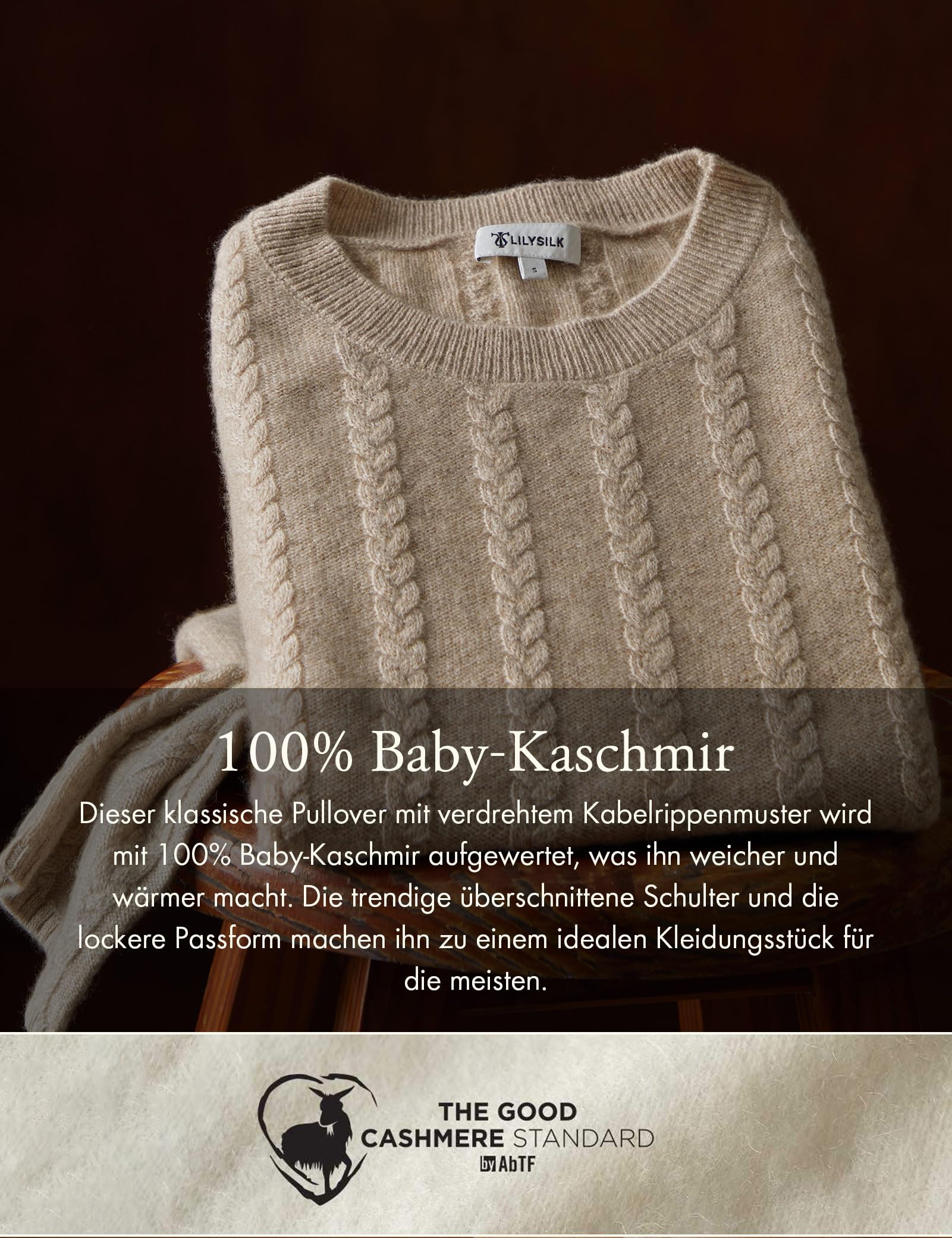 LilySilk Damen Oversized Pullover Drop-Shoulder 100% High-Premium Baby Kaschmir Kausal Kabel Strickpullover für Herbst