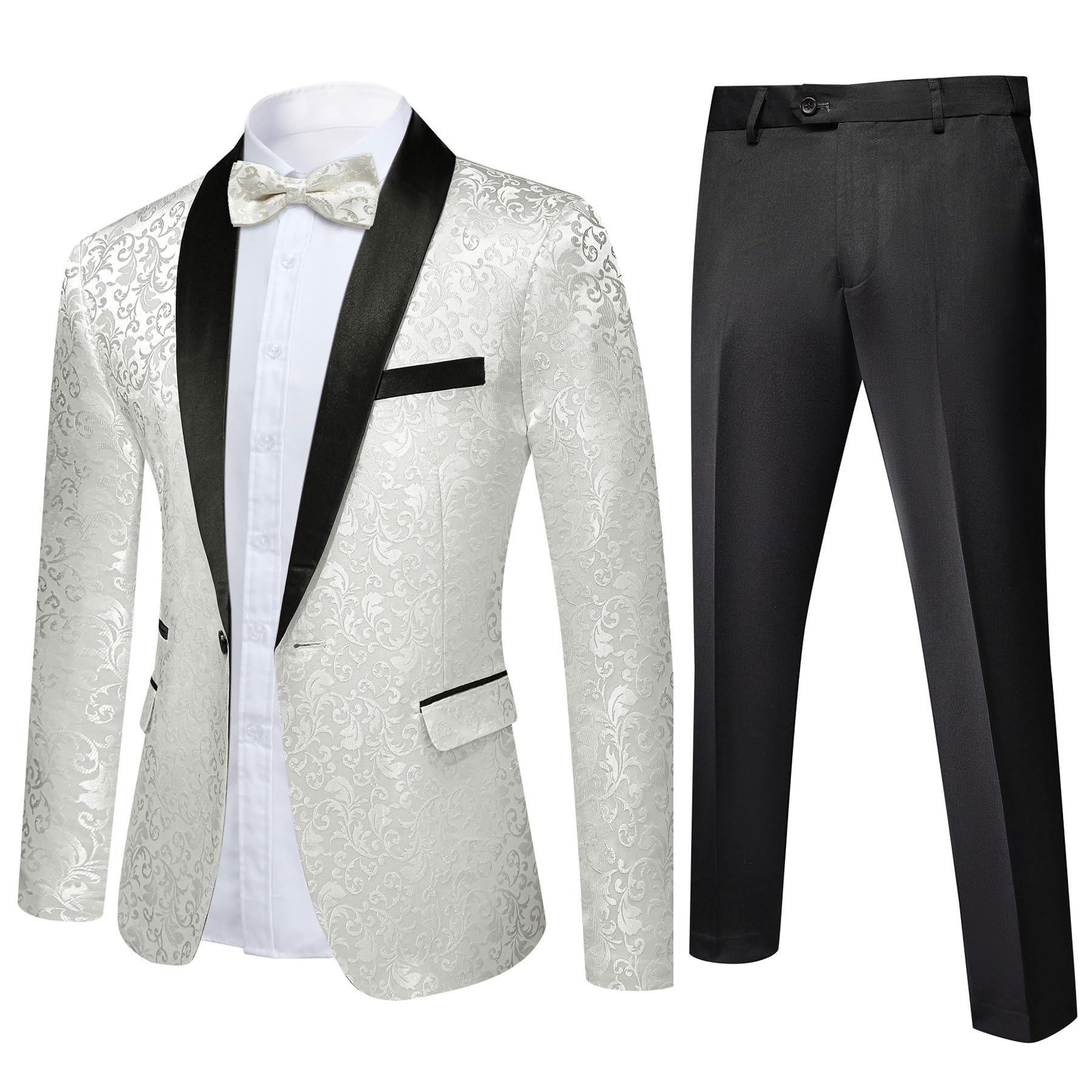 YFFUSHI Traje Jacquard Hombre 2 Piezas 1 Botón Solapas de Chal Boda Gala Lujo Chaqueta Pantalón Pajarita