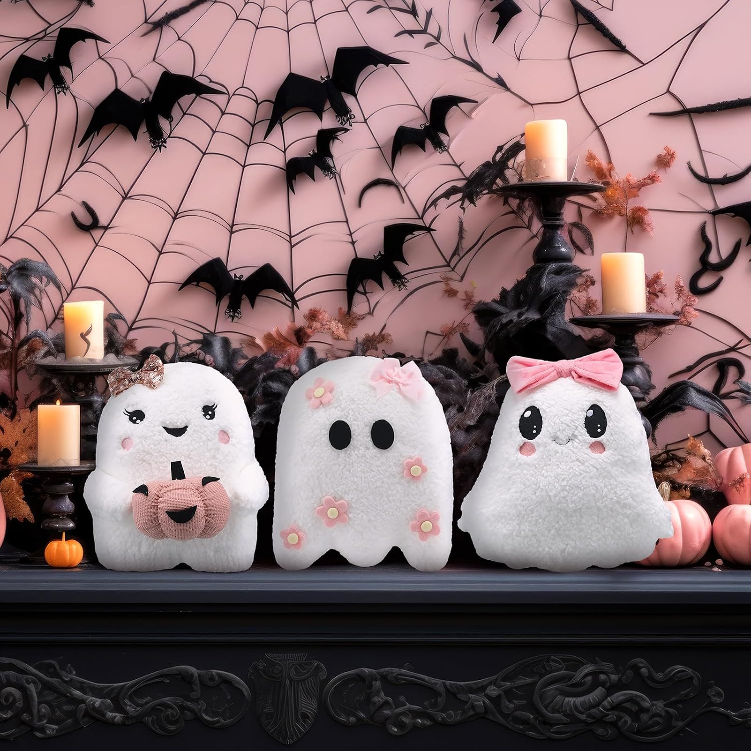Vicenpal 3 Pcs Cute Halloween Ghost Throw Pillows Coquette Ghost Shaped | Pink Bow Pattern, Cute Halloween Decorative Pillows, Spooky Fluffy Plush Soft Throw Cushion, Halloween Home Party Decor Gift