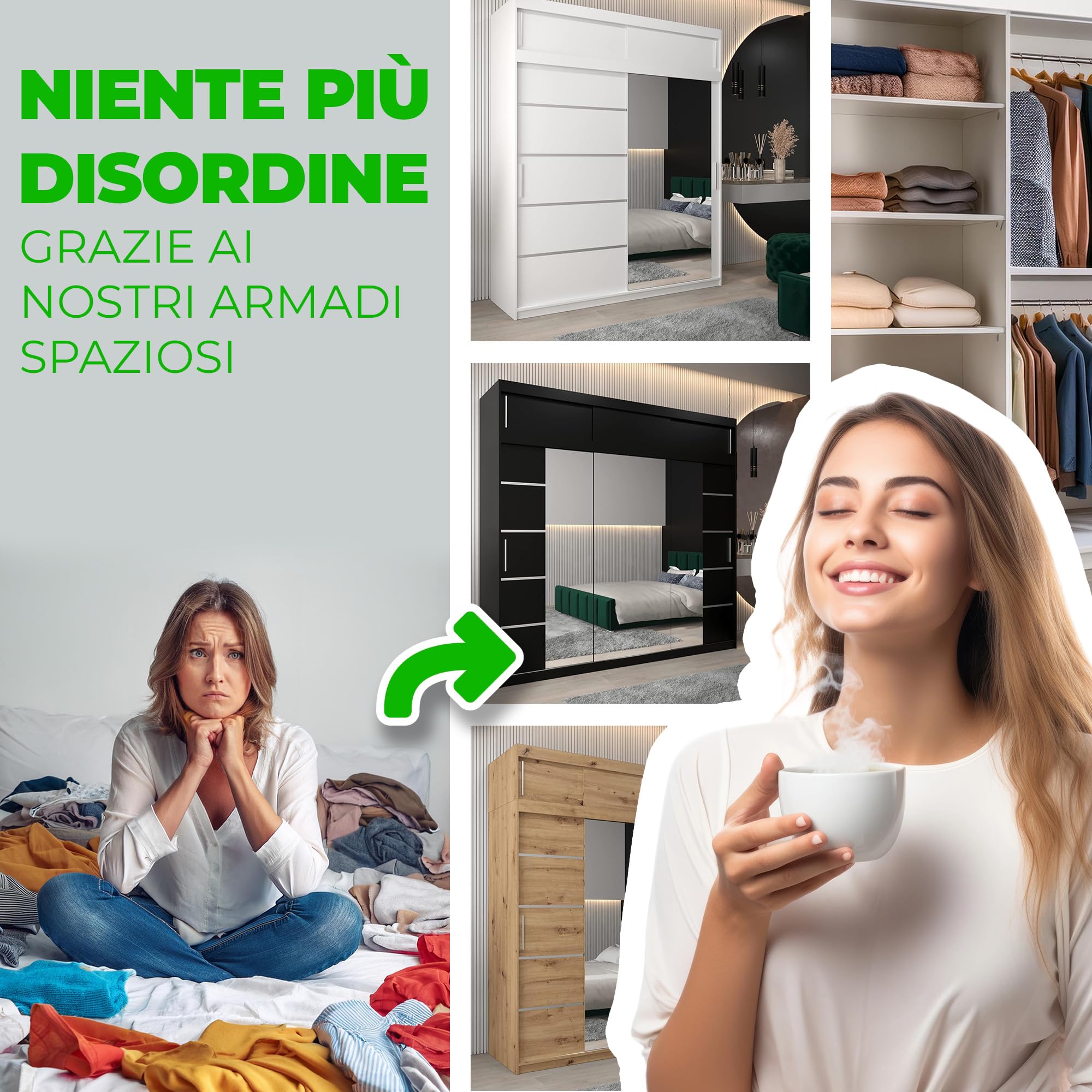 ABIKSMEBLE Verona 2 200 Armadio da Camera a Due Ante Scorrevoli - Armadio Moderno con Specchio, Barra e Ripiani - 200x200x62 cm (L x A x P) - Nero Opaco