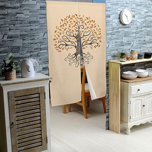 Miniatura 3 de Leowefowa Cortina japonesa Noren para puerta, tratamiento de ventana, cortina de puerta con estampado de árbol abstracto, cortina de puerta para