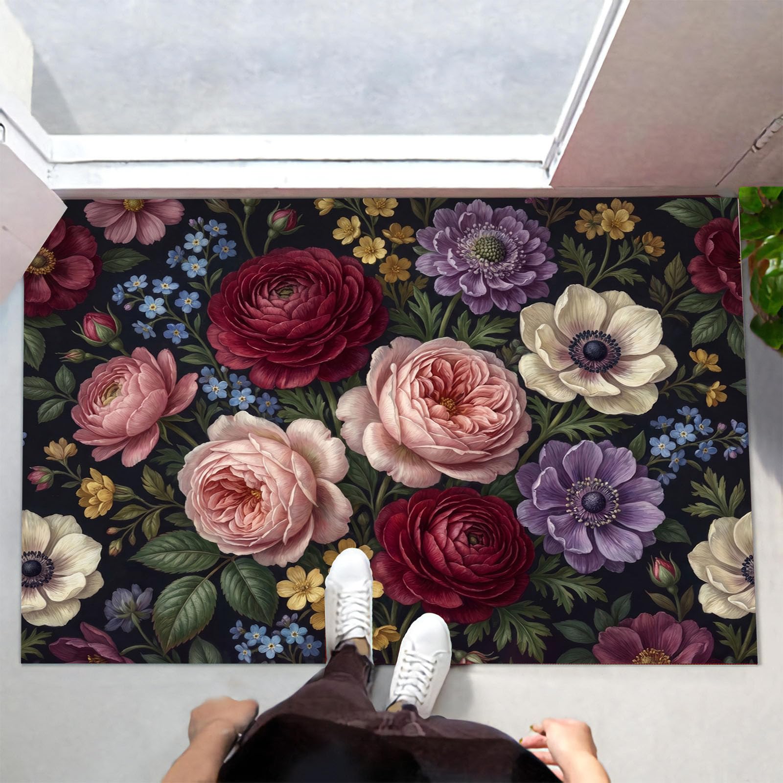 Zerbino Trappola Sporco Ornamenti Floreali Barocchi, 90X150Cm, Tappetino Antiscivolo Lavabile Peonia Vintage Rosa, Zerbino Interno Morbide Assorbenti Per Corridoio Ingresso Porta, Rosso Scuro