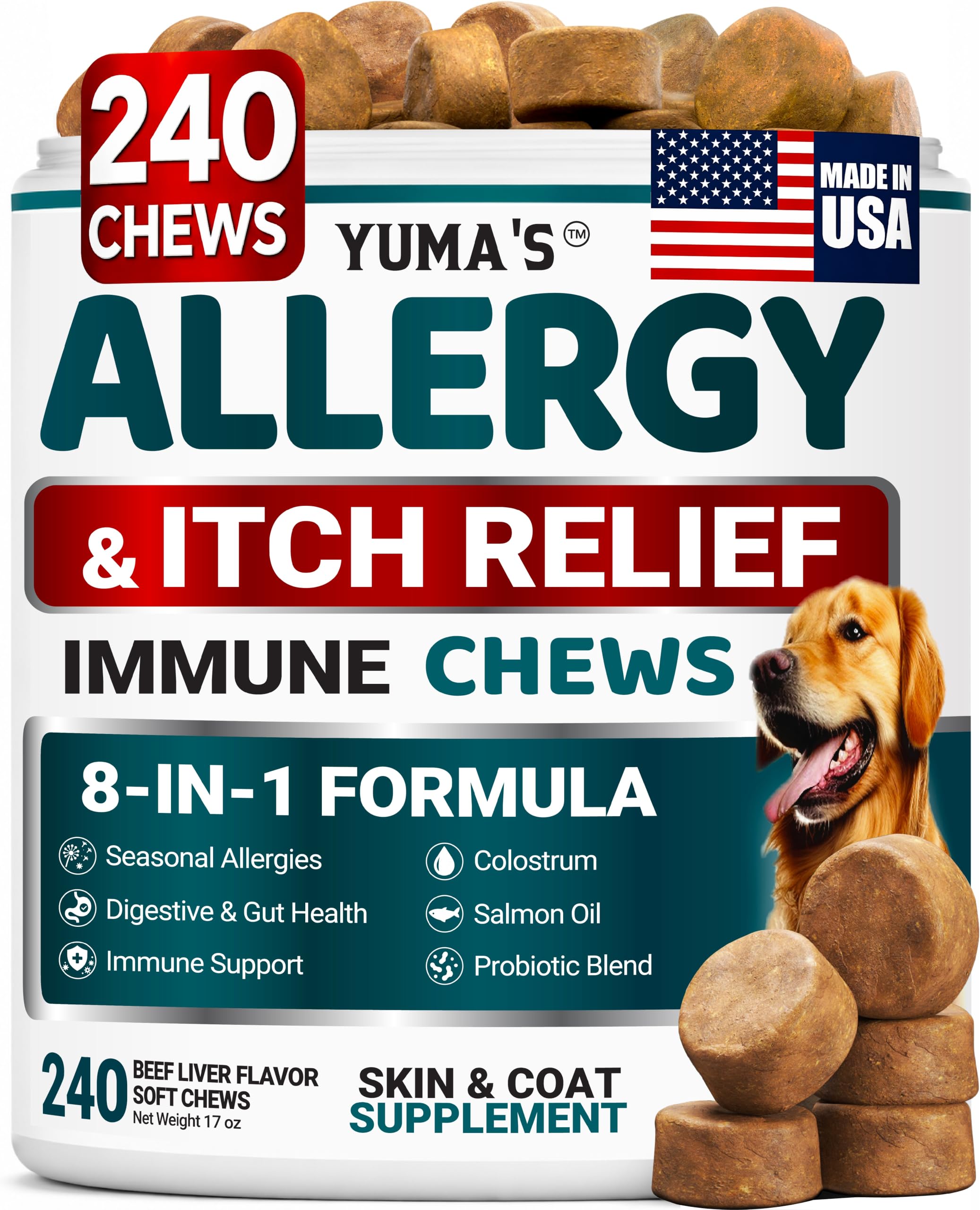 Dog Allergy Relief Chews - 240 Immune Treats, Dog Itching Skin Relief Pills | Anti-Itch - Itchy and Paw Licking, Omega 3 Fish Oil, Seasonal and Food Allergy Chews, Dry Skin & Coat Supplement, Made in USA